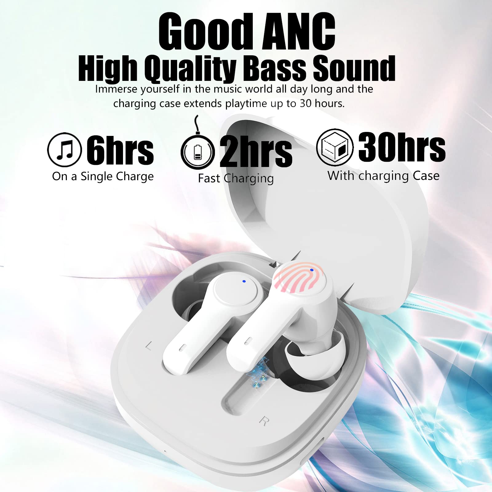 Hismell ANC Wireless Bluetooth 5.2 Earbuds - In-Ear Noise Cancelling Headphones with Stereo Immersive Sound & Deep Bass (White) | Perfect for Workouts, Commuting & Travel