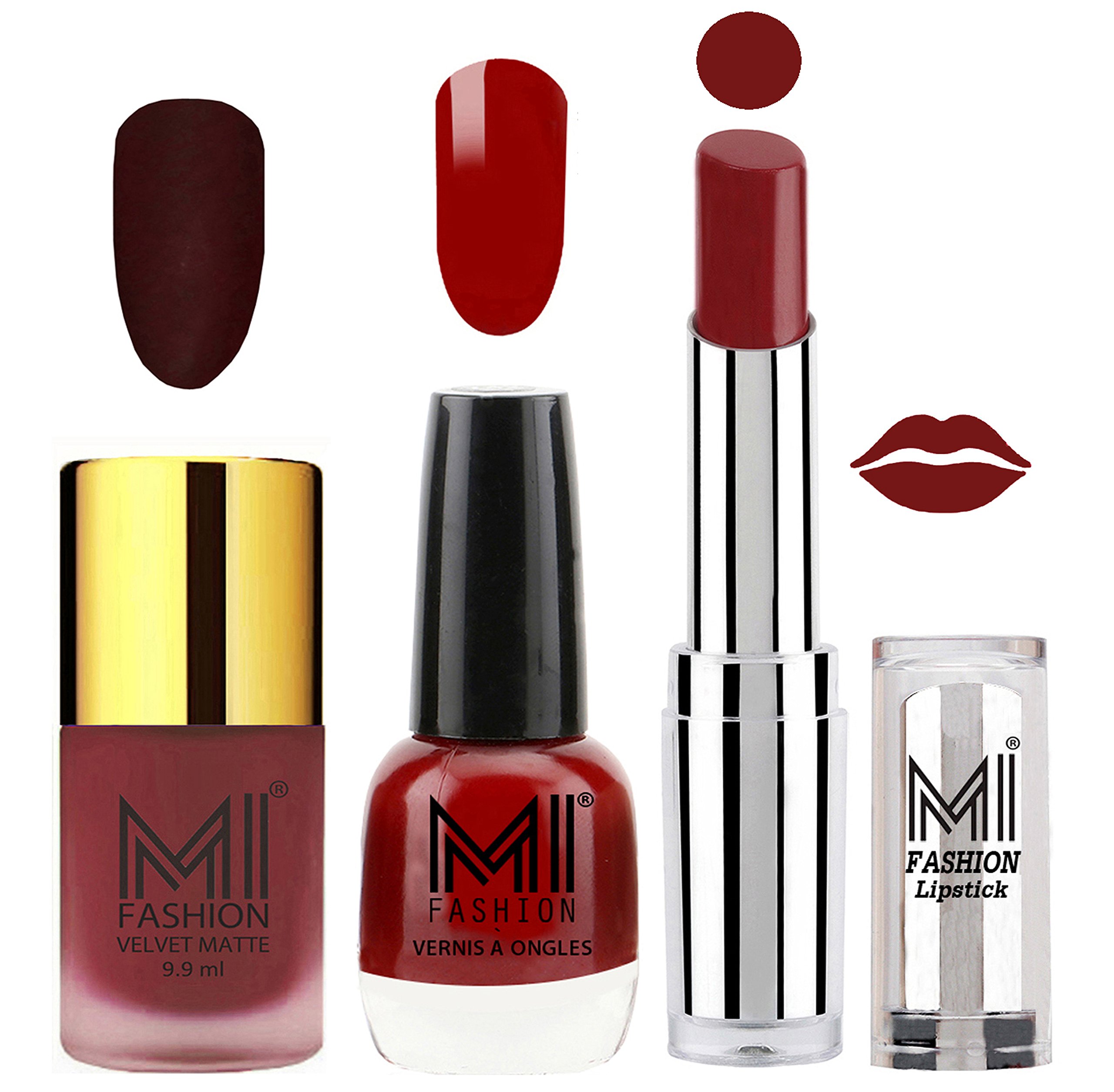 MI Fashion Maroon Matte Nail Polish, Shine Nail Polish & Rebel Lipstick Set (3-Piece) - Long Lasting Vegan Beauty Combo for Parties, Date Nights & Special Occasions
