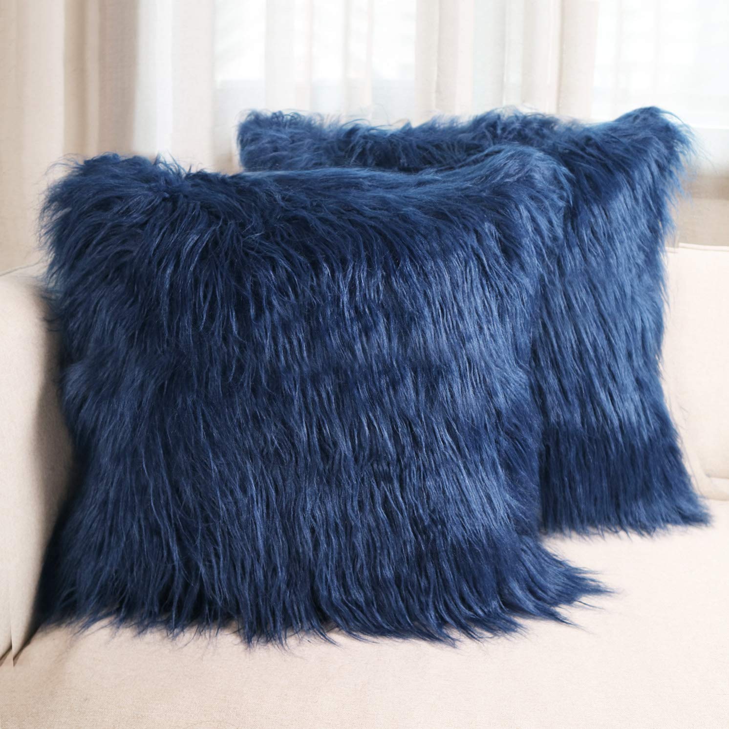 Luxury Faux Fur Throw Pillow Covers 18x18 Inch (45x45cm) - Soft Mongolian Long Fur Square Cushion Covers for Couch, Sofa & Floor - 100% Polyester Home Decor - Navy Blue Set of 2 - Perfect for Living Room, Bedroom & Cozy Home Decor