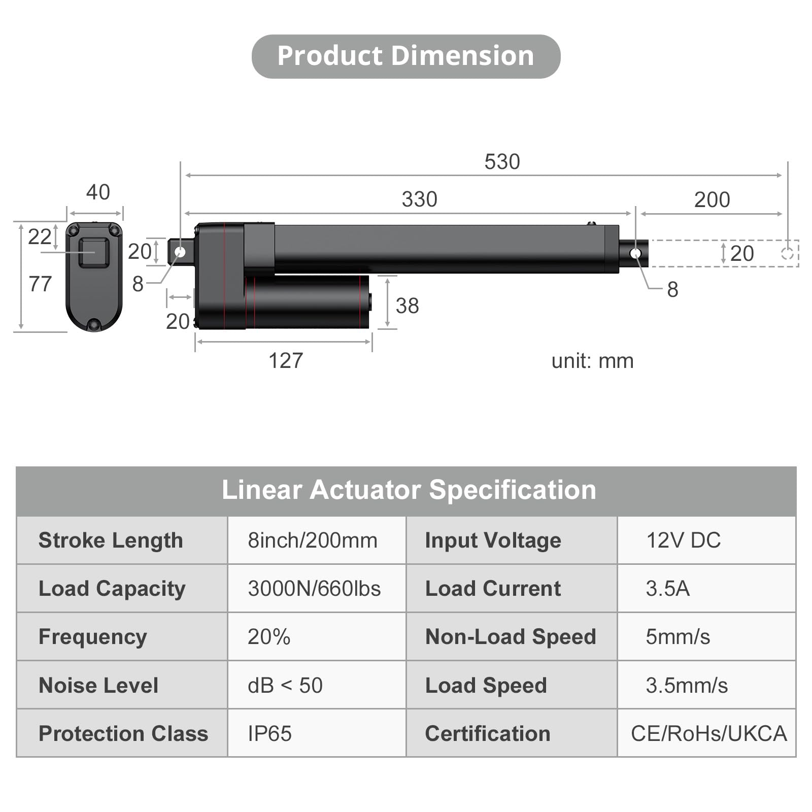 Justech 50mm 2inch Heavy Duty Linear Actuator Motor, 3000N 660LBS Stroke, 12V DC Linear Motion Actuator for Electric Beds, Recliners, Sofas, Industrial Lifting Systems - Black (3000N 200mm) | Perfect for Home Furniture Automation and Industrial Equipment