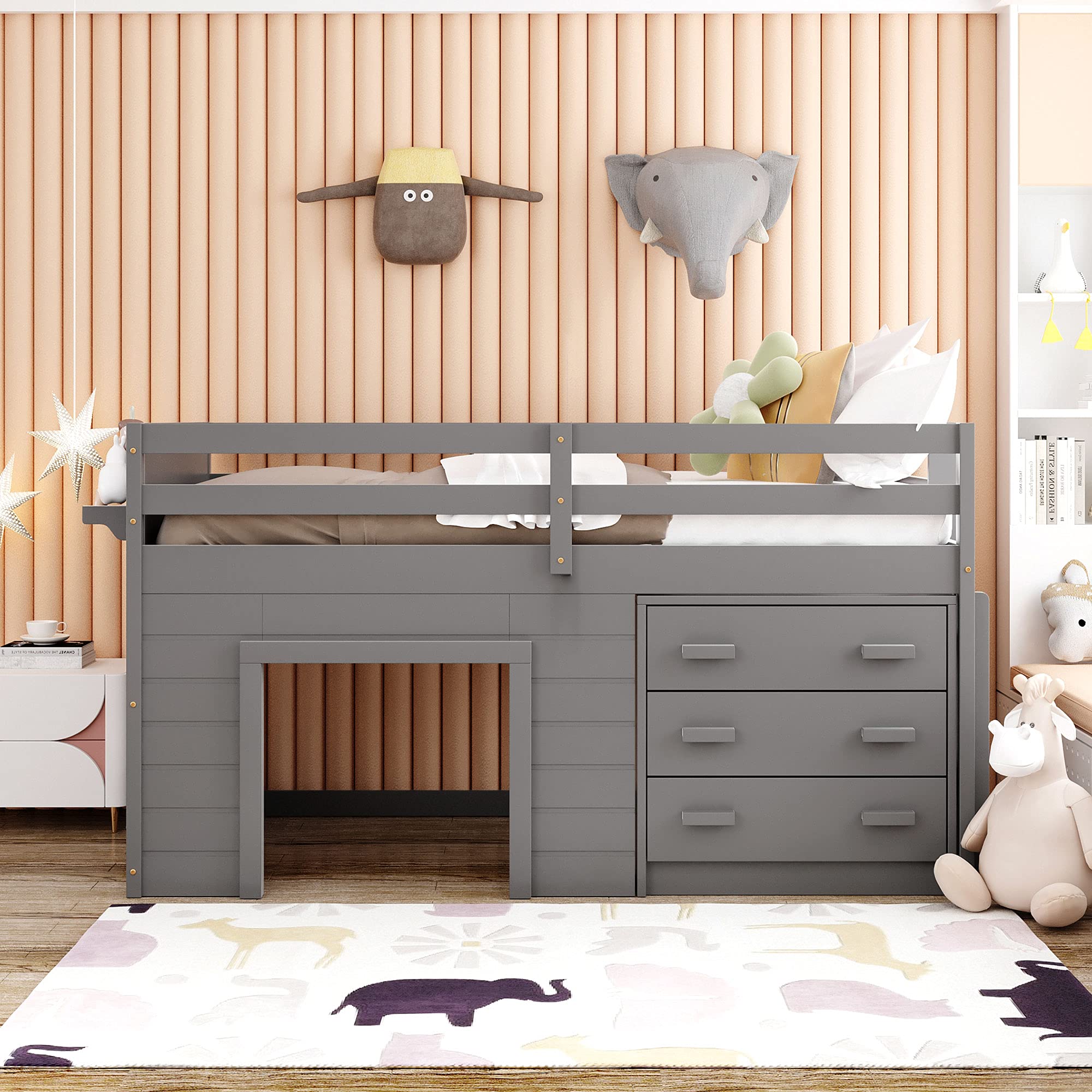 Twin Loft Bed with Storage - Solid Wood Frame for Kids - Space-Saving Gray Bedroom Solution