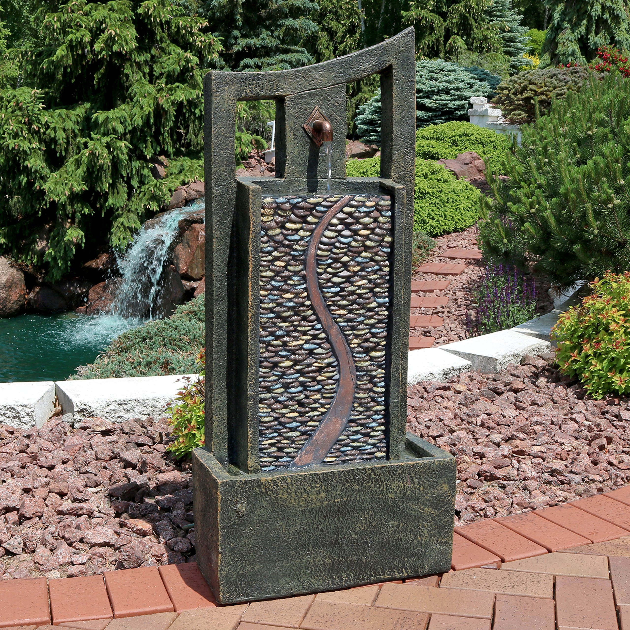 Sunnydaze 39-Inch Modern Outdoor Water Fountain with LED Lights - Brown Patio Garden Waterfall Feature for Relaxing Backyard & Landscape Decor