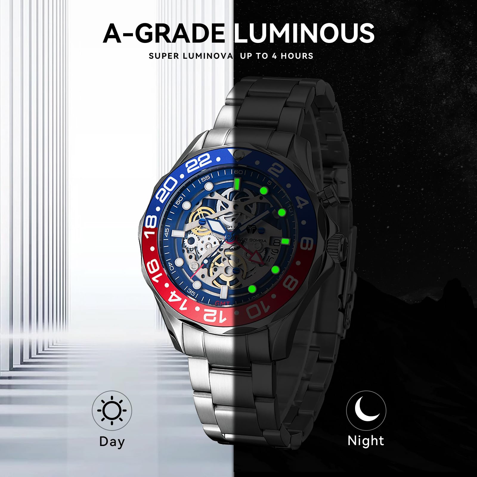 **TSAR BOMBA Luxury Automatic Square Skeleton Watch for Men – 50M Waterproof Mechanical Silver Wrist Watch with Silicone Strap – Stylish & Unique Replica Tonneau Design – Perfect for Business, Casual & Formal Occasions**