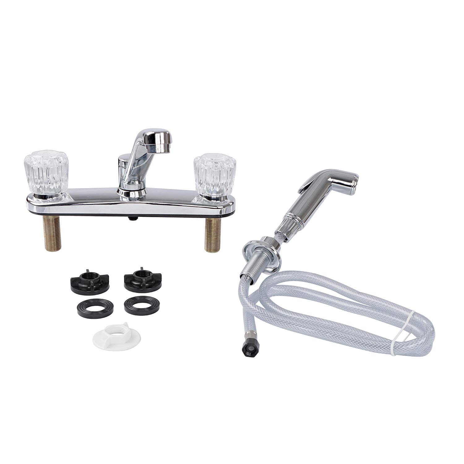 Empire Faucets Plastic RV Faucet with Sprayer - Chrome RV Kitchen Sink Faucet Replacement - 2 Handle 4 Hole 8 Inch Chrome Finish - Perfect for RV, Camper, and Mobile Home Kitchen Upgrades