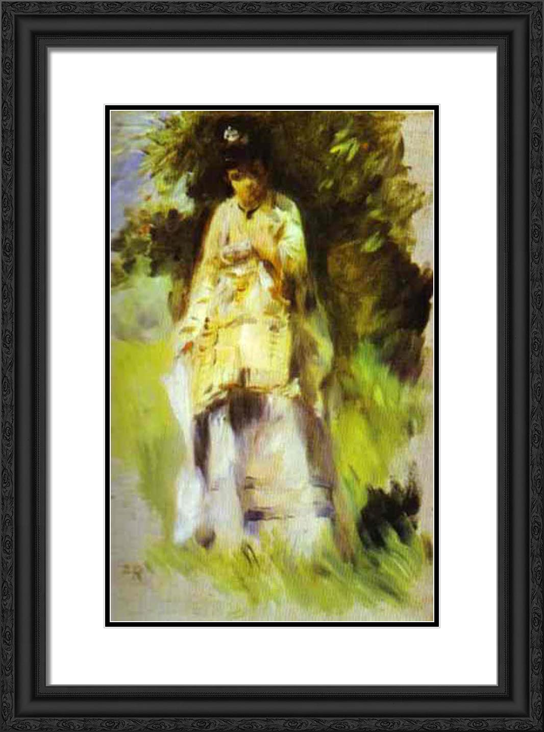 Pierre-Auguste Renoir 'Woman Standing by a Tree' 18x24 Inch Black Ornate Framed Art Print with Double Matting - Perfect for Living Room, Bedroom & Office Wall Decor