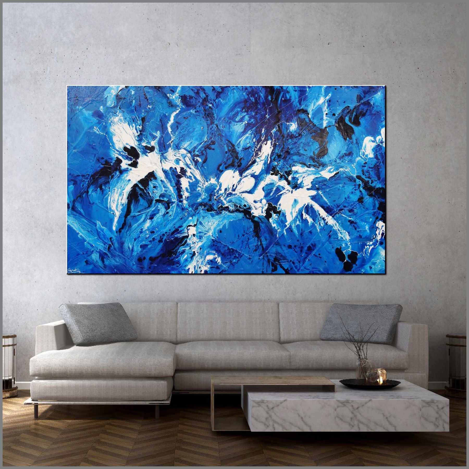 Indigo Waters 200cm x 120cm Blue White Textured Abstract Canvas Art - Modern Wall Decor for Living Room, Bedroom & Office