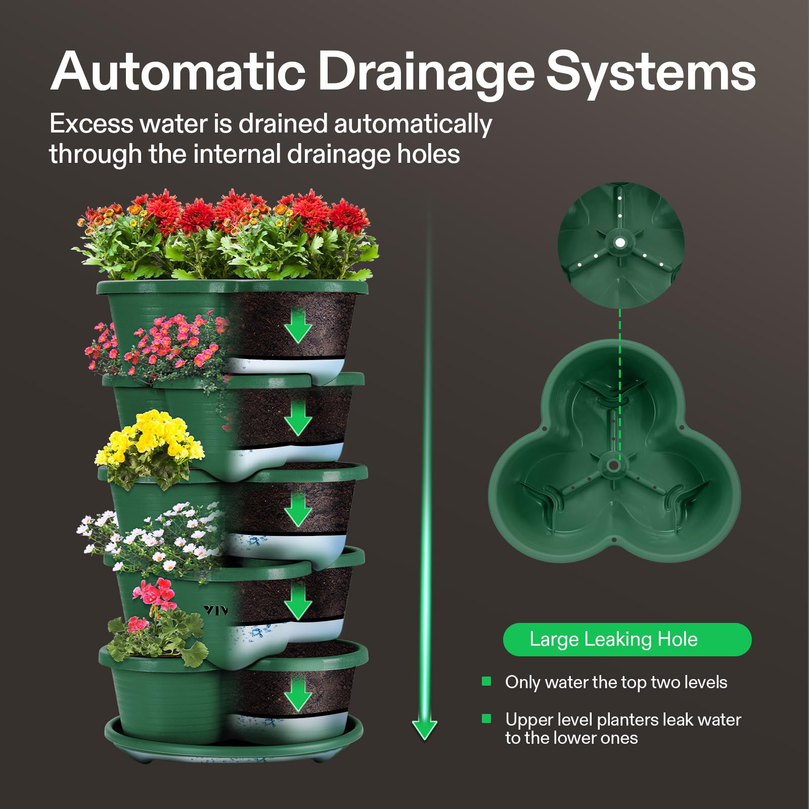 VIVOSUN 5-Tier Stackable Vertical Garden Planter for Strawberries, Flowers, Herbs, Vegetables - Space Saving Indoor/Outdoor Gardening Solution - Perfect for Balcony, Patio, Small Spaces (Dark Green)