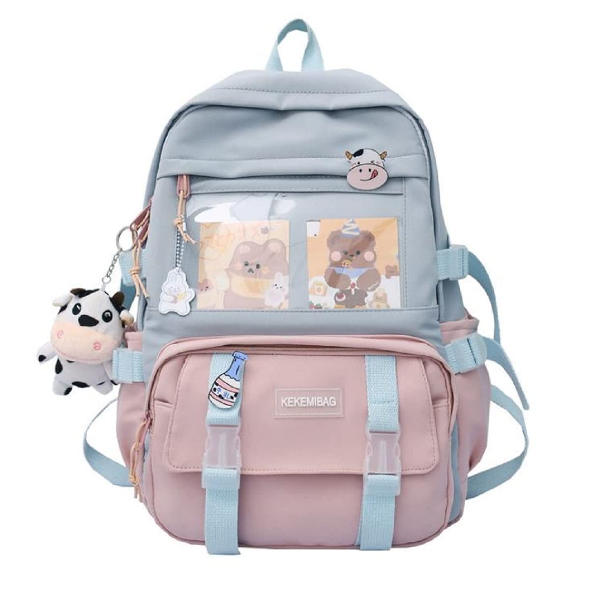 Cute Kawaii Aesthetic Backpack for School with Pins & Accessories - Trendy Blue Pink College Bookbag for Girls, Teens & Anime Lovers