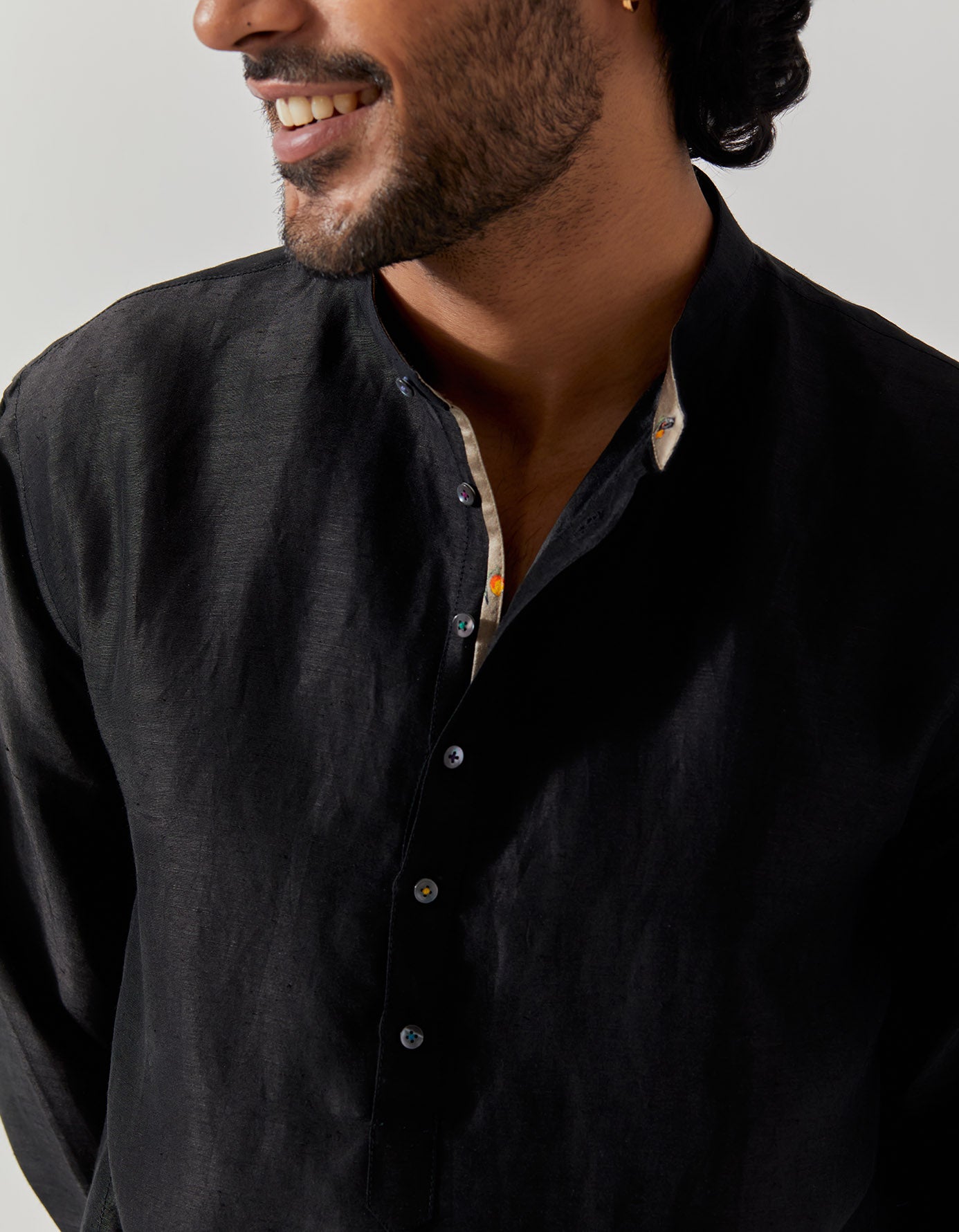 Bade Miyan Kurta for Men - Black Satin Linen Tunic Shirt - Perfect for Eid, Weddings & Festive Occasions