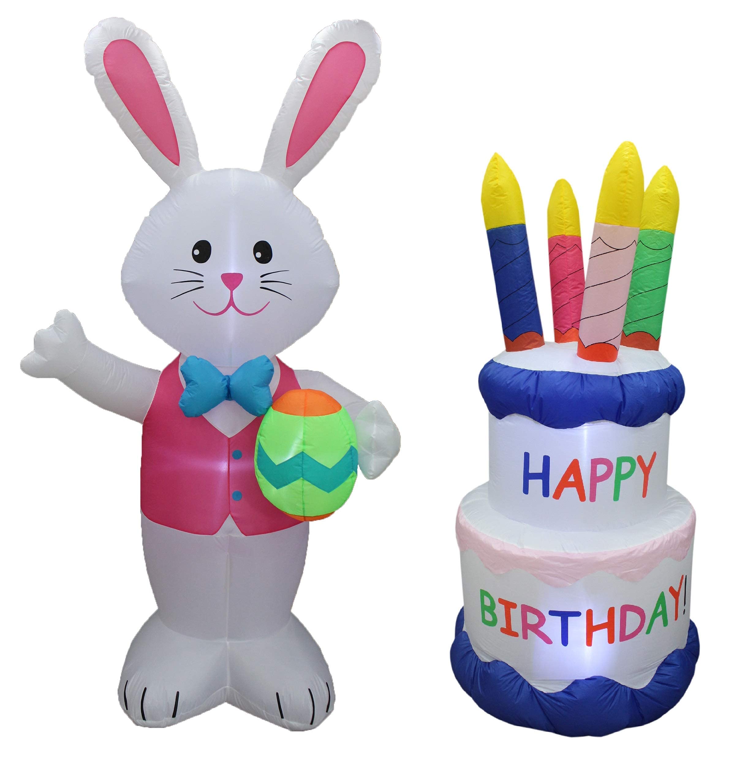 Giant 8ft Inflatable Easter Bunny with Egg & 6ft Birthday Cake Decorations Set - Perfect for Easter Celebrations, Birthday Parties, and Outdoor Festive Events