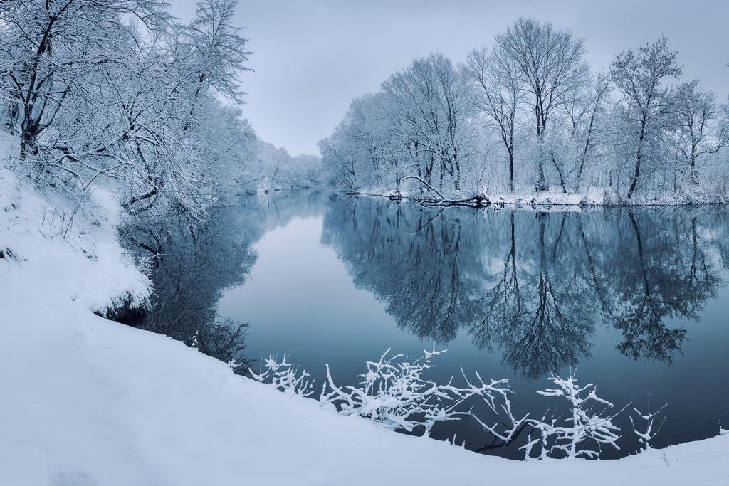 Snowy Trees and Frozen River Sunset Landscape Photo - Premium Wall Art Print Poster 36x24 - Perfect for Living Room, Bedroom & Office Decor