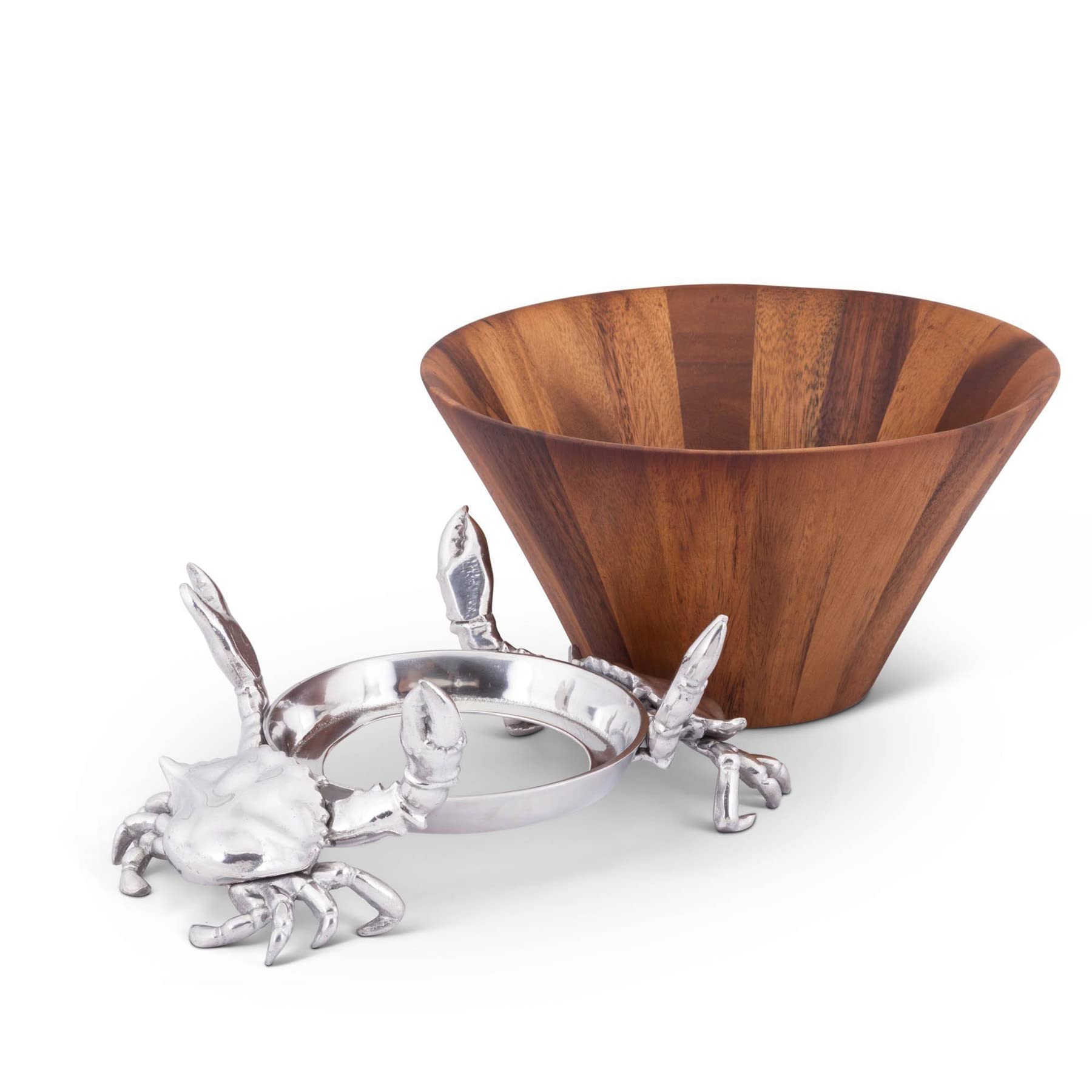 Arthur Court Designs Acacia Wood Salad Bowl with Aluminum Crab Stand - 12 Inch Diameter x 7 Inch Tall - Perfect for Seafood Dishes, Dinner Parties & Coastal-Themed Decor