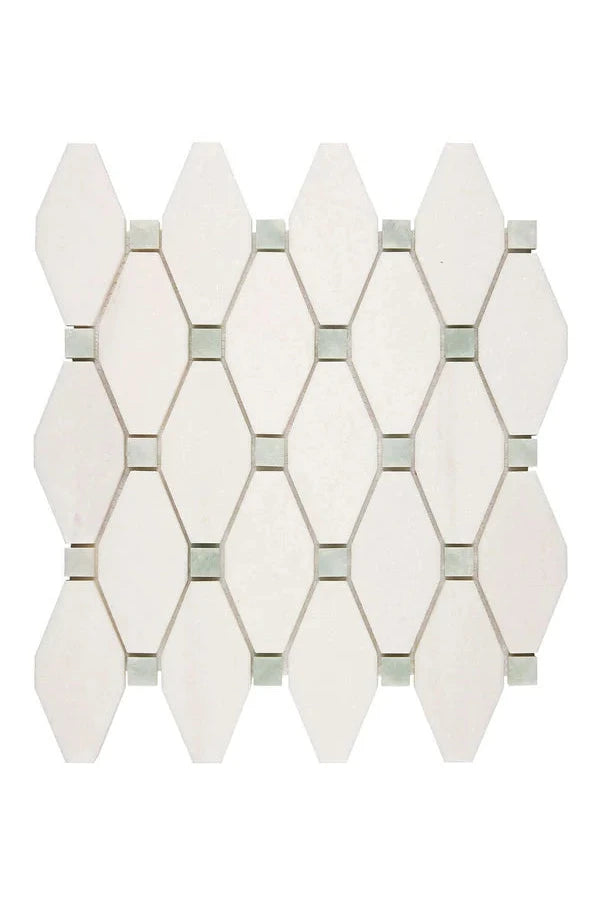 White Thassos Marble Elongated Hexagon Green Mosaic Tile - Premium Natural Stone Wall & Floor Decor for Bathroom, Kitchen Backsplash, and Pool Surrounds