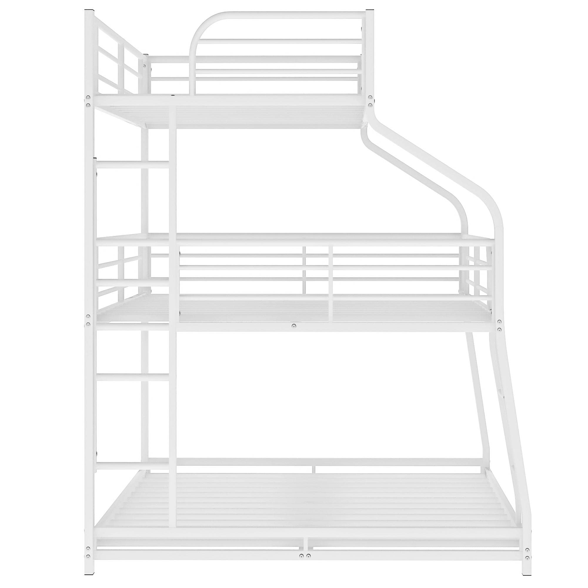 Twin XL/Full XL/Queen Triple Bunk Bed Frame with 2 Built-in Ladders & Full-Length Guardrail - Heavy Duty Metal Bunk Bed in White - Perfect for Kids' Rooms, Dormitories & Space-Saving Bedroom Solutions