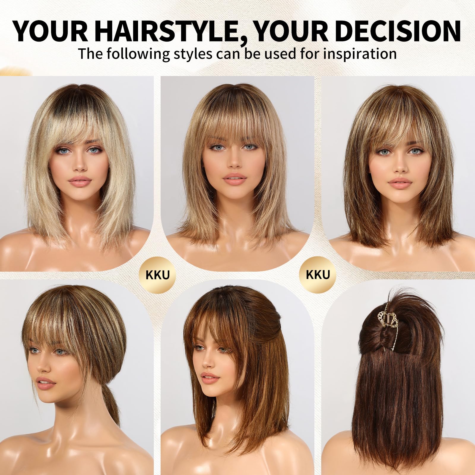 12 Inch Brown Mixed Blonde Human Hair Wigs for Women - Remy Brazilian Hair with Bangs - Natural Looking Wigs for Daily Wear, Cosplay & Special Occasions