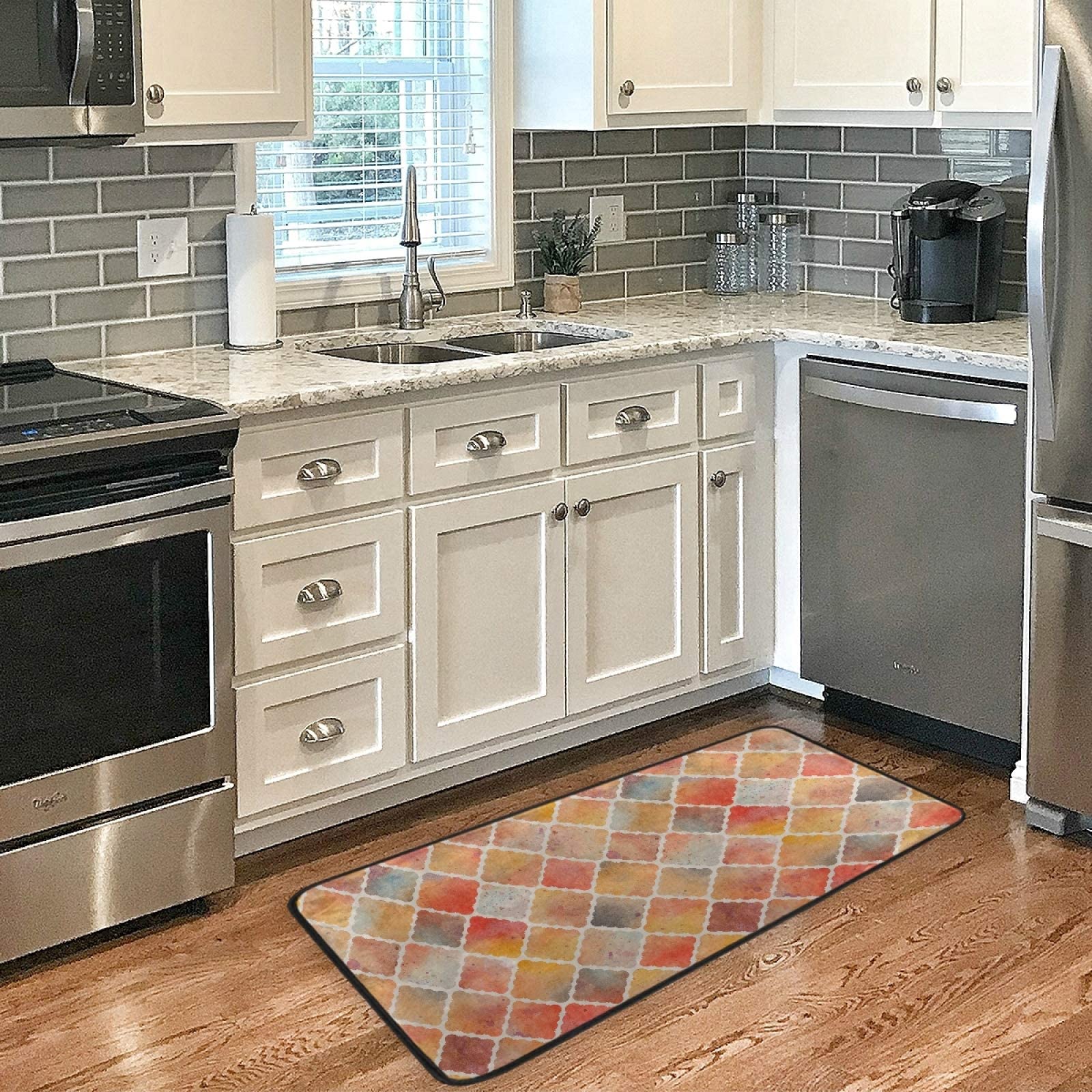 Modern Orange Geometric Kitchen Rugs - Non-Slip Washable Floor Mat for Kitchen, Bathroom & Entryway - Anti-Fatigue Sink Mat & Runner (39x20 Inch) - Perfect for High-Traffic Areas, Cooking Stations & Wet Floors
