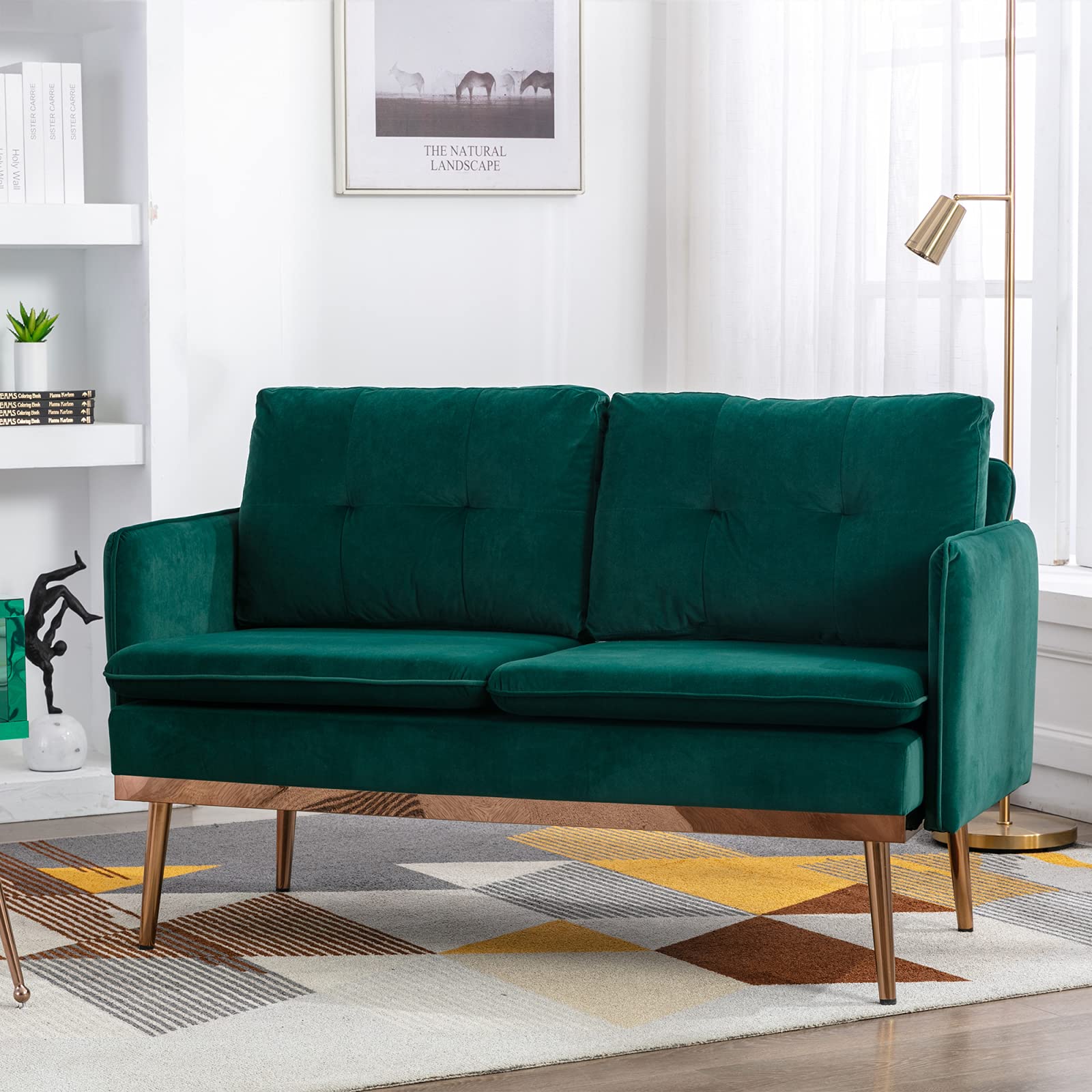 Velvet Button Tufted Loveseat Sofa - Upholstered Chesterfield Futon Couch with Stainless Steel Legs for Small Spaces, Living Room, Apartment & Studio (Green) | Perfect for Compact Homes, Guest Seating & Cozy Reading Nooks