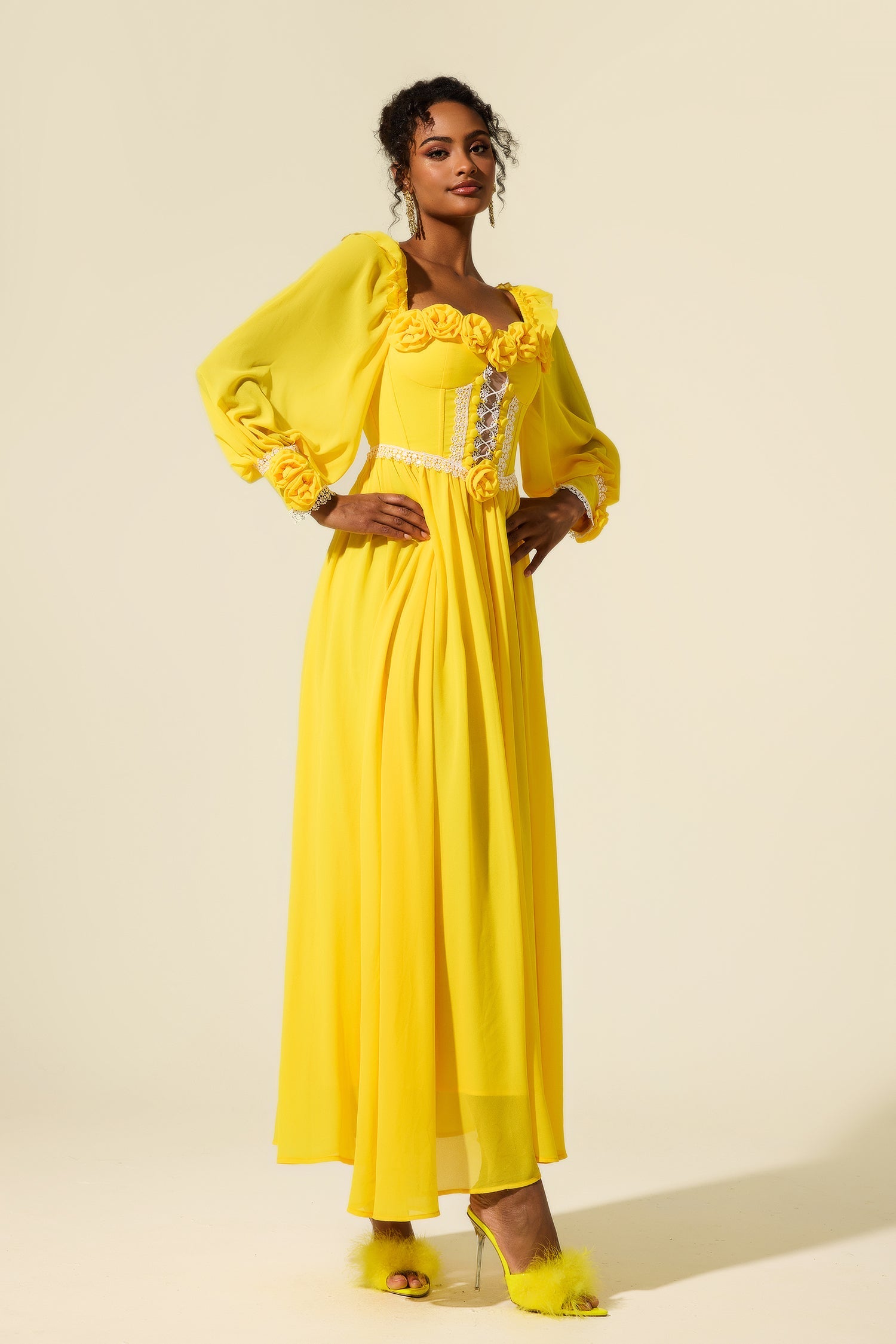 Elegant Yellow Chiffon 3D Flower Long Sleeve Midi Dress for Women | Summer Wedding Guest Dress & Party Cocktail Attire