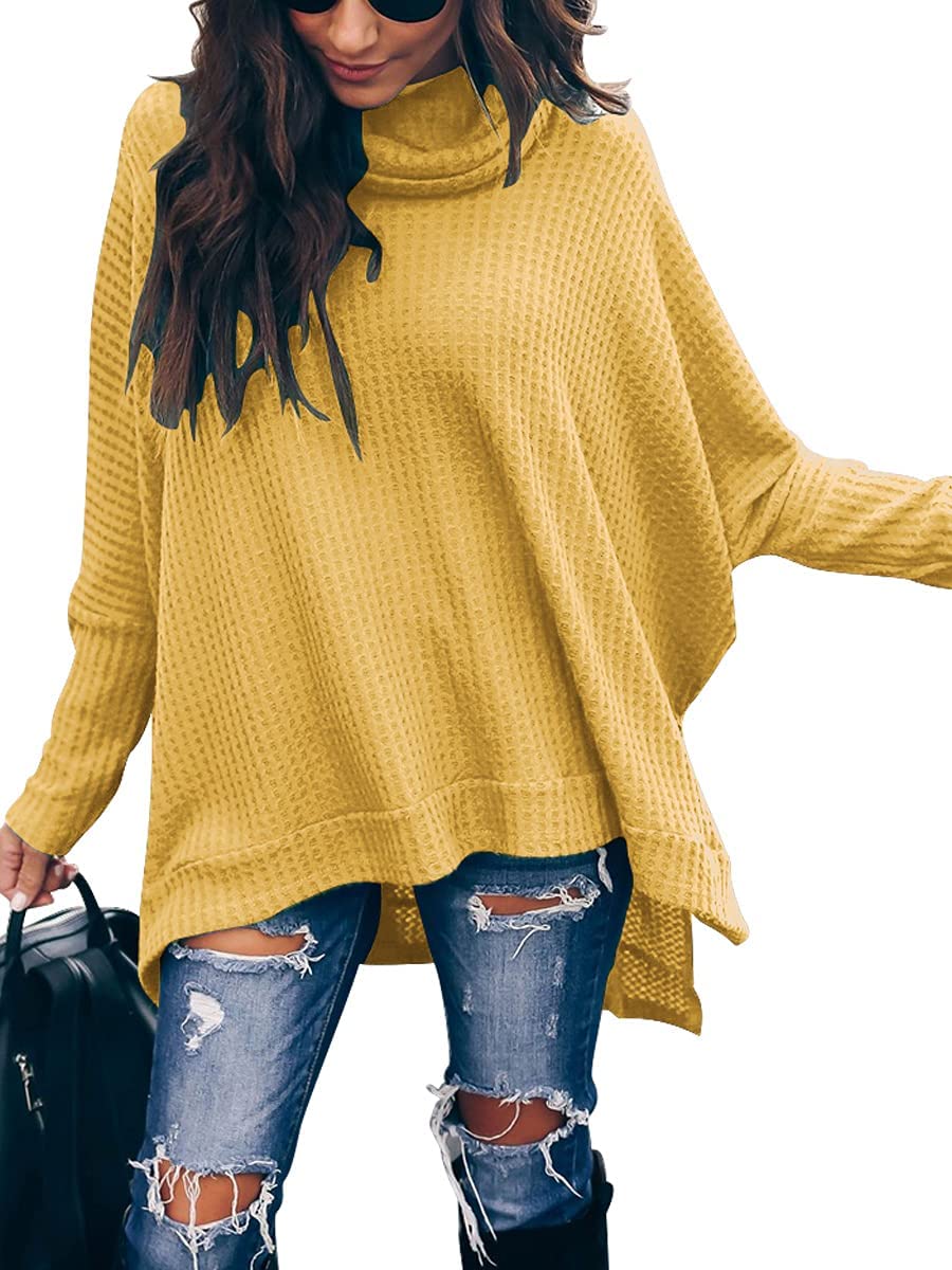 Caracilia Women's Oversized Turtleneck Sweater - Batwing Long Sleeve Waffle Knit Pullover with Split Hem | Cozy Winter Fashion 2024 | Perfect for Office, Casual Outings & Holiday Gatherings