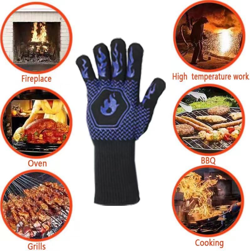 Heat Resistant BBQ Grill Gloves - Fireproof Oven Mittens for Grilling, Smoking & Barbecue - Washable & Durable Up to 1472℉ - Perfect for Kitchen Baking, Camping & Outdoor Cooking (Blue)