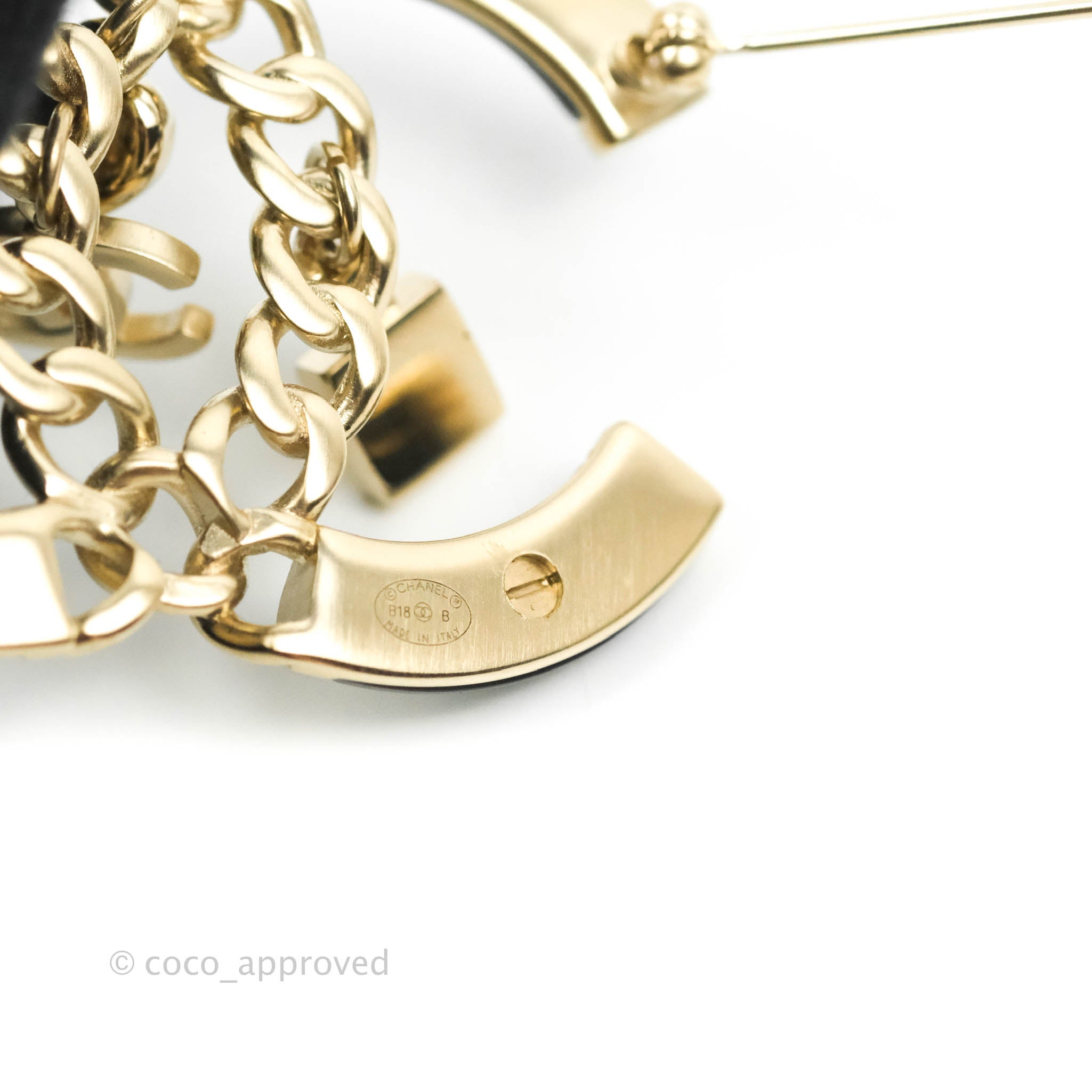 Chanel CC Chain Black Brooch Gold Tone 18B - Elegant Vintage Chanel Pin for Women, Perfect for Jackets, Bags & Scarves