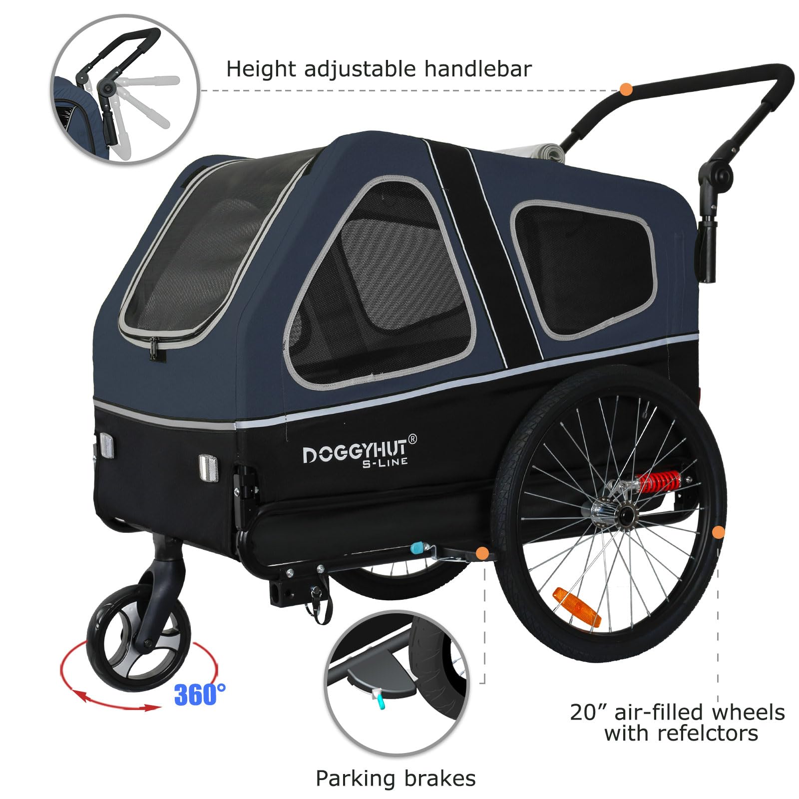 DOGGYHUT® S-Line XL Pet Bike Trailer & Stroller for Large Dogs Up to 100 lbs - Foldable Dog Cart with Suspension Wheels, Low Center Gravity & Parking Brakes - Perfect for Cycling, Jogging & Outdoor Adventures with Your Dog