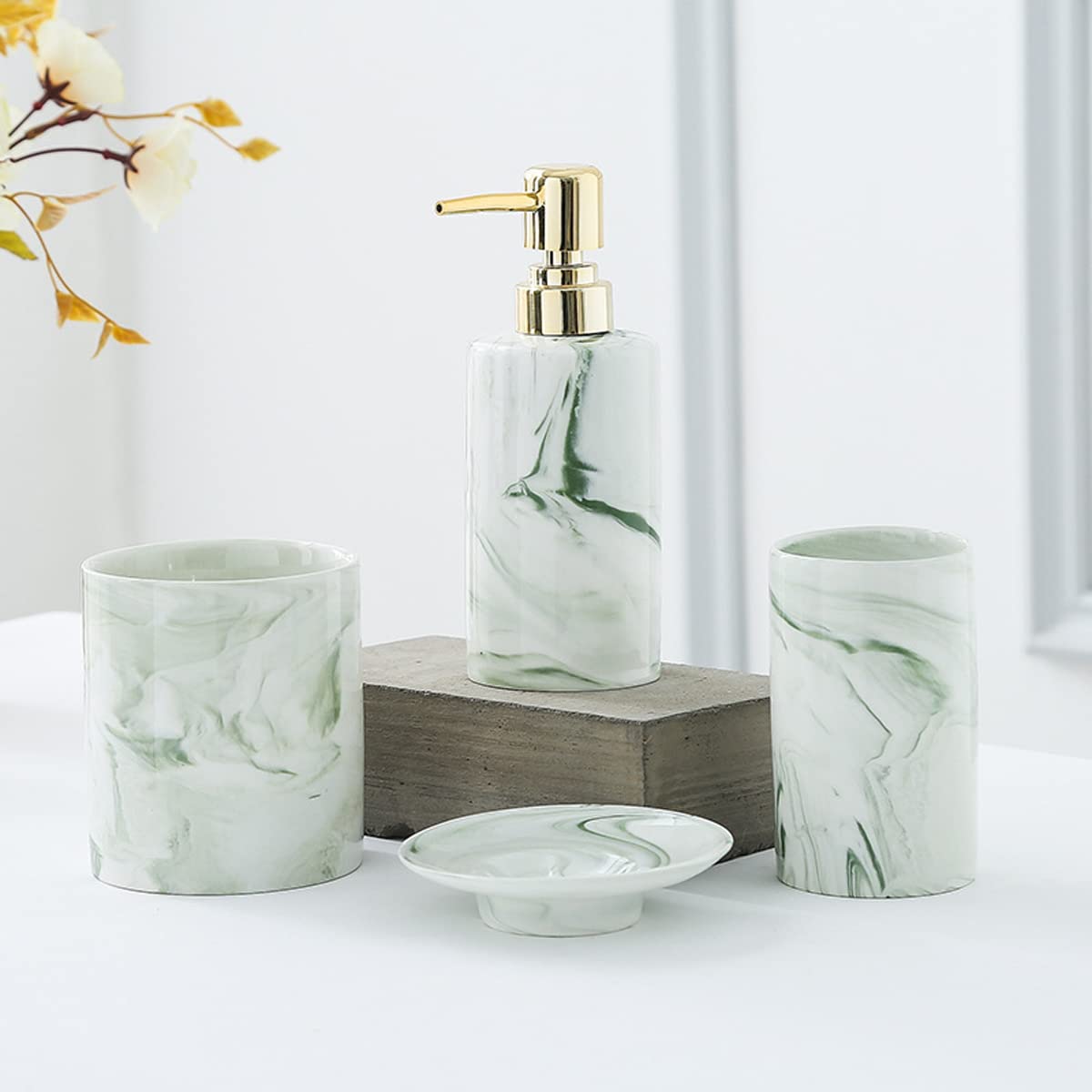 Marble Bathroom Set - Ceramic Soap Dish, Lotion Cup & Brush Holder for Vanity Sink (Green/Gray) | Home Decor