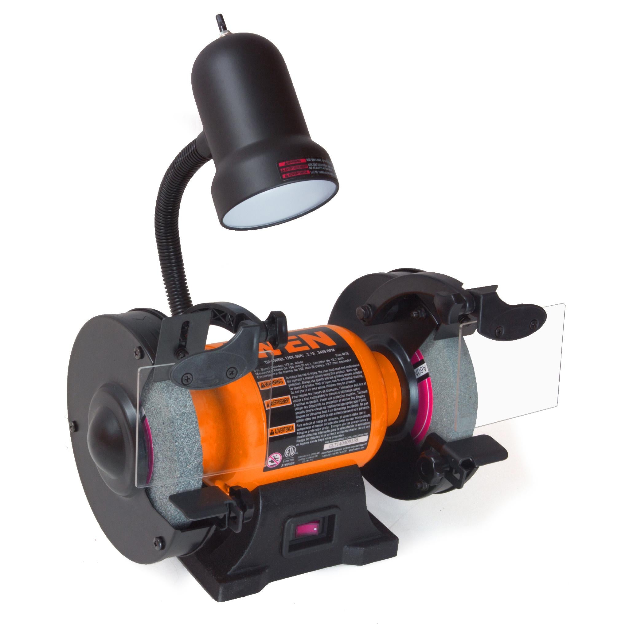 WEN BG4276 2.1 Amp 6 Inch Single Speed Bench Grinder with Flexible Work Light - Heavy Duty Metal Grinding & Sharpening Tool for Workshop, Garage & DIY Projects