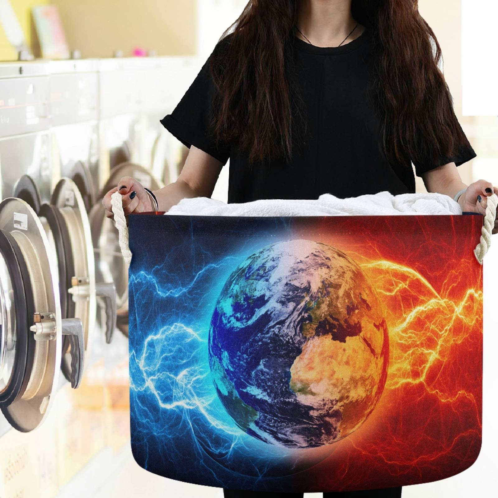 Visesunny Collapsible Storage Basket - Fire & Ice Lightning Design, Foldable Laundry Hamper for Kids Room, Nursery, Playroom, Bathroom & Living Room - Perfect for Organizing Toys, Clothes & Household Items