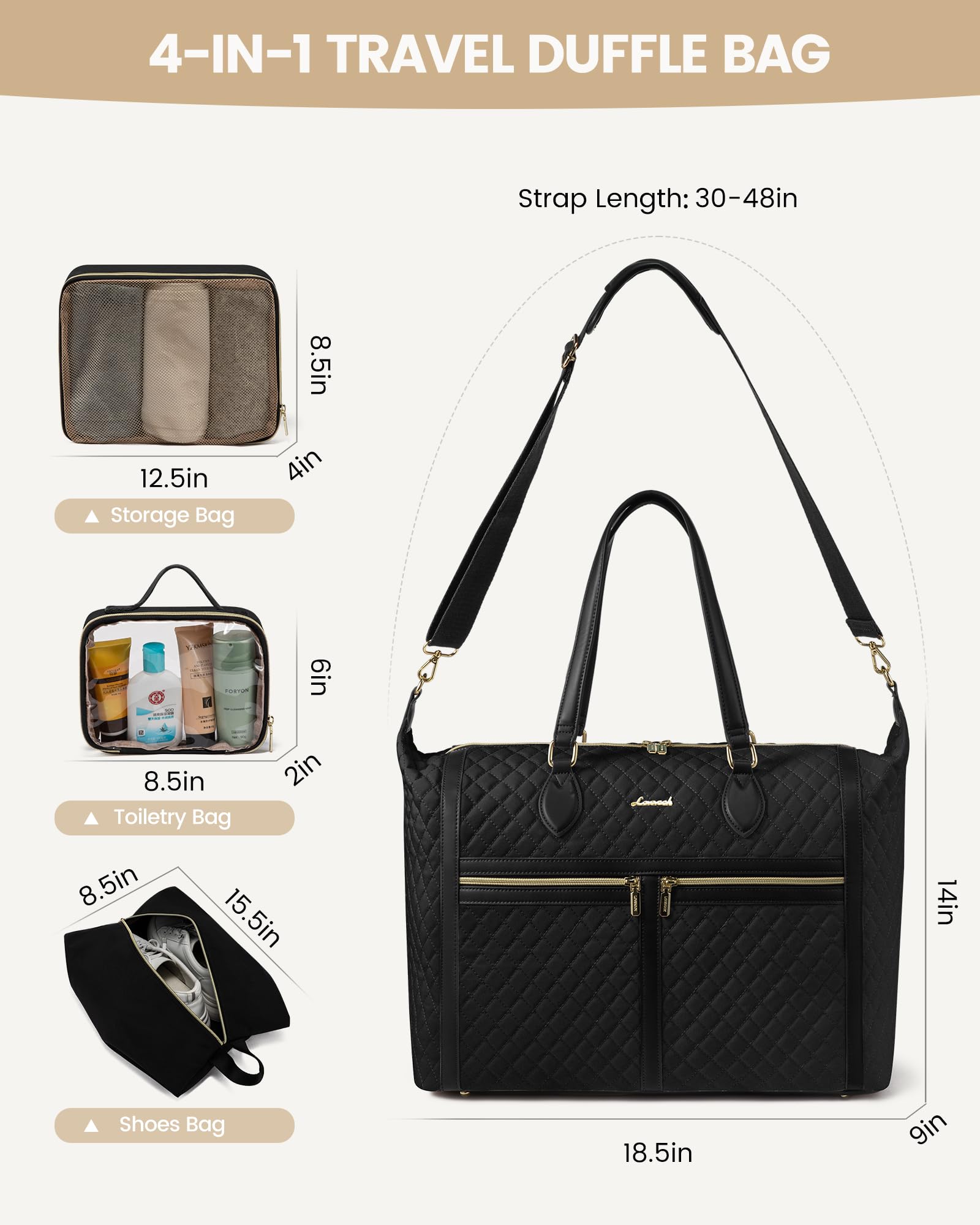 LOVEVOOK 4-in-1 Travel Weekender Bag - Waterproof Duffle, Carry On Luggage, Overnight Bag with Wet Pocket & Toiletry Compartment | Perfect for Weekend Getaways, Business Trips & Gym Use