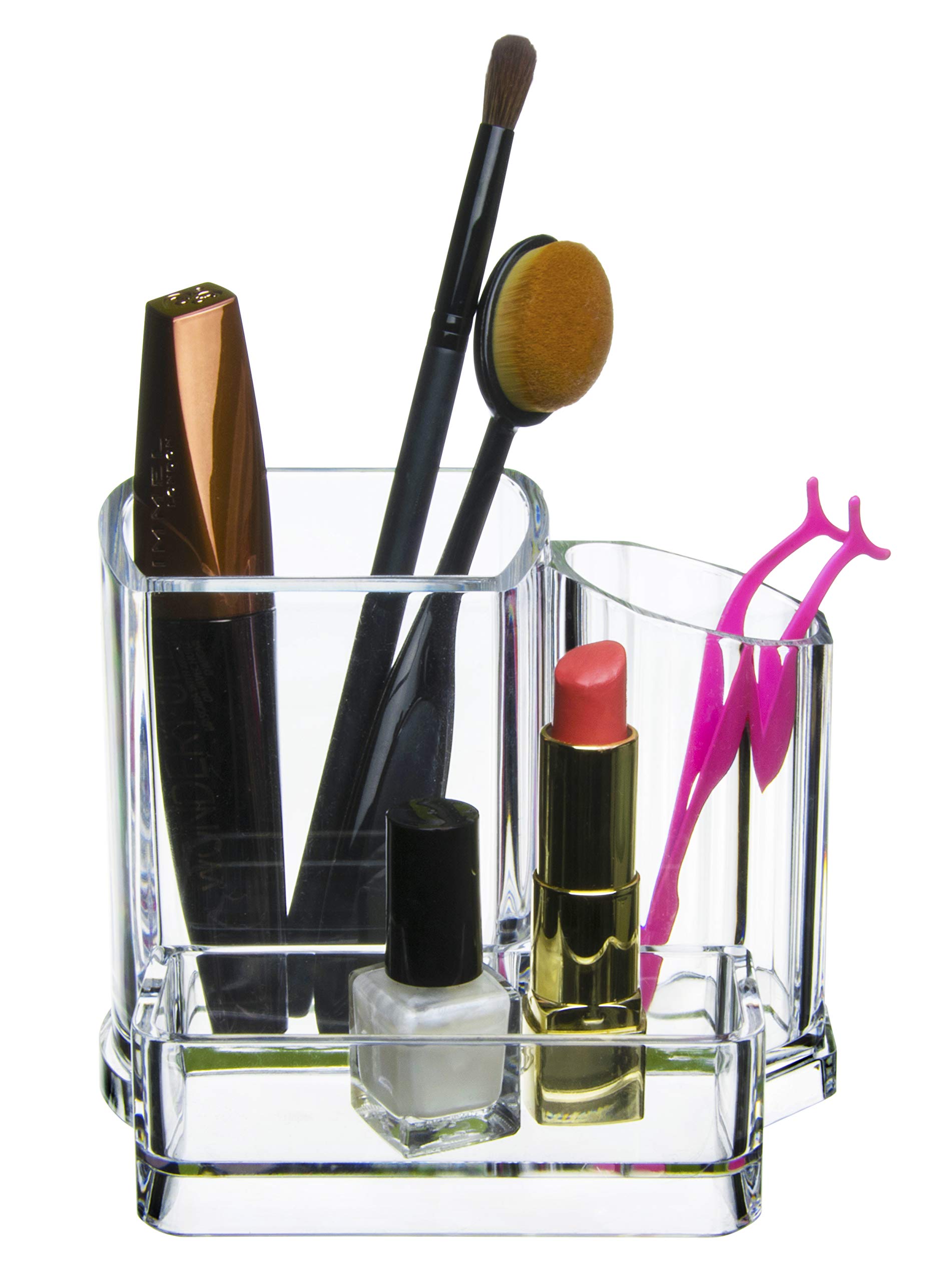 Clear 3-Compartment Bathroom & Office Organizer - Toothbrush Holder, Soap Dispenser, Makeup Brush & Lipstick Storage | Perfect for Vanity, Countertop, and Sink Organization