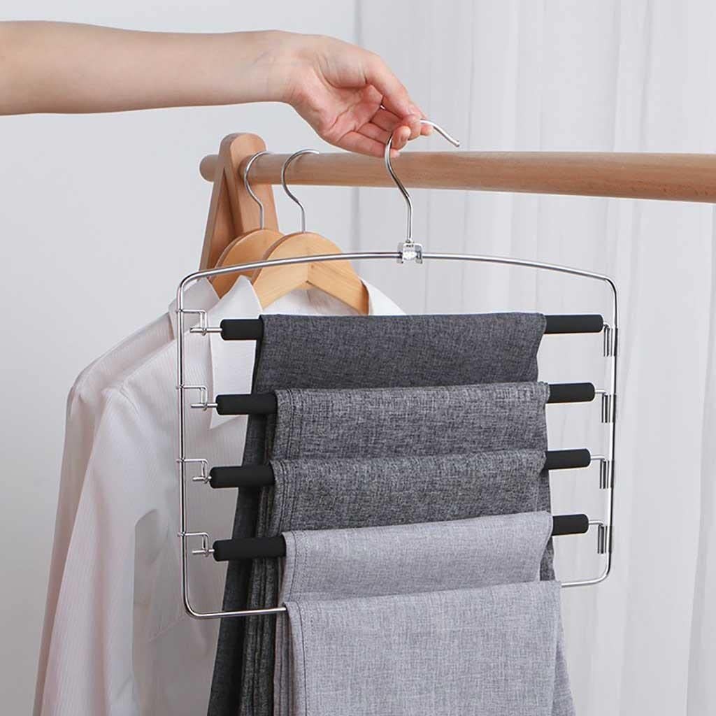 5-Layer Stainless Steel Pants Hanger with Non-Slip Foam Padding - Space Saving Swing Arm Closet Organizer for Pants, Jeans, Trousers, Skirts & Accessories - Perfect for Closet Storage & Wardrobe Organization