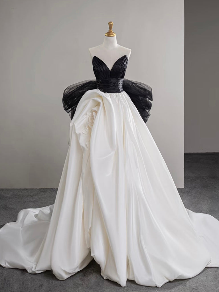 Elegant A-Line V-Neck Satin Tulle Long Prom Dress in White & Black - Perfect for Formal Dances, Evening Galas, and Special Occasions