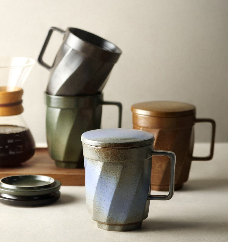 Handmade Ceramic Coffee Mug Set - Large Modern Pottery Tea Cup with Lid, Unique Brown Green Blue Black Colors, Perfect for Home Office & Gifts