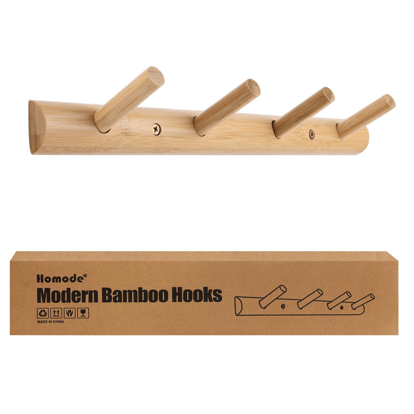 Modern Bamboo Coat Hooks - Wall Mounted Entryway Organizer with 4 Hanging Pegs for Jackets, Hats & Towels - Natural Wooden Hanger for Bathroom, Kitchen & Hallway Decor