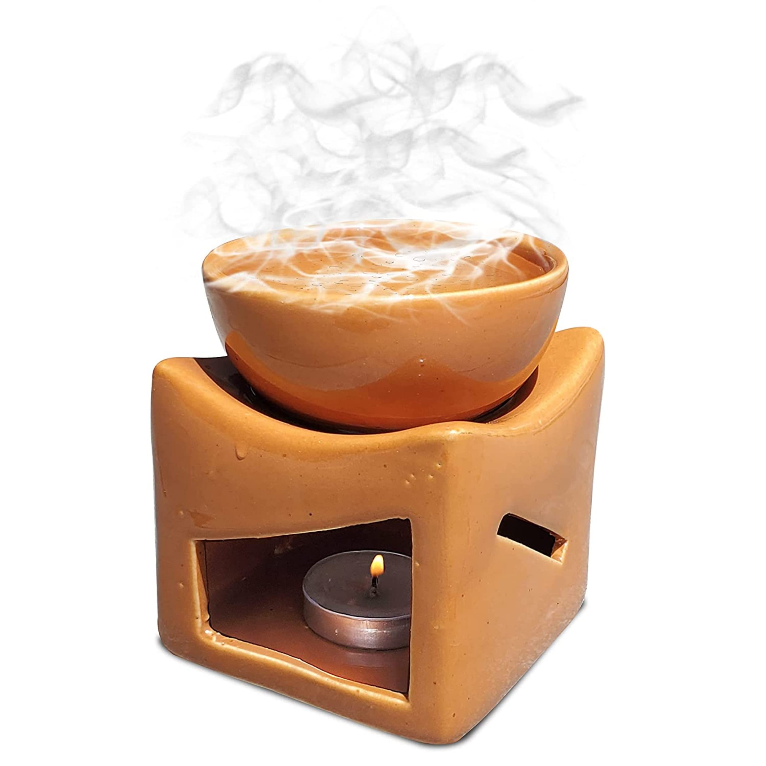 Pure Source India Ceramic Clay Aroma Oil Diffuser with Tealight Candle - Extra Large 4.25 Inch Bowl for Home Spa, Yoga & Meditation - Orange Handmade Pottery Essential Oil Burner