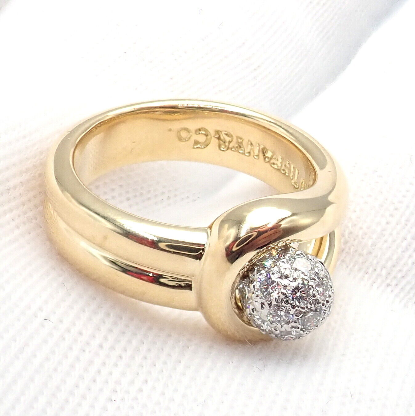 Authentic Tiffany & Co 18k Yellow Gold & Platinum Diamond Ball Ring Size 4.25 - Elegant Jewelry for Weddings, Anniversaries & Special Occasions