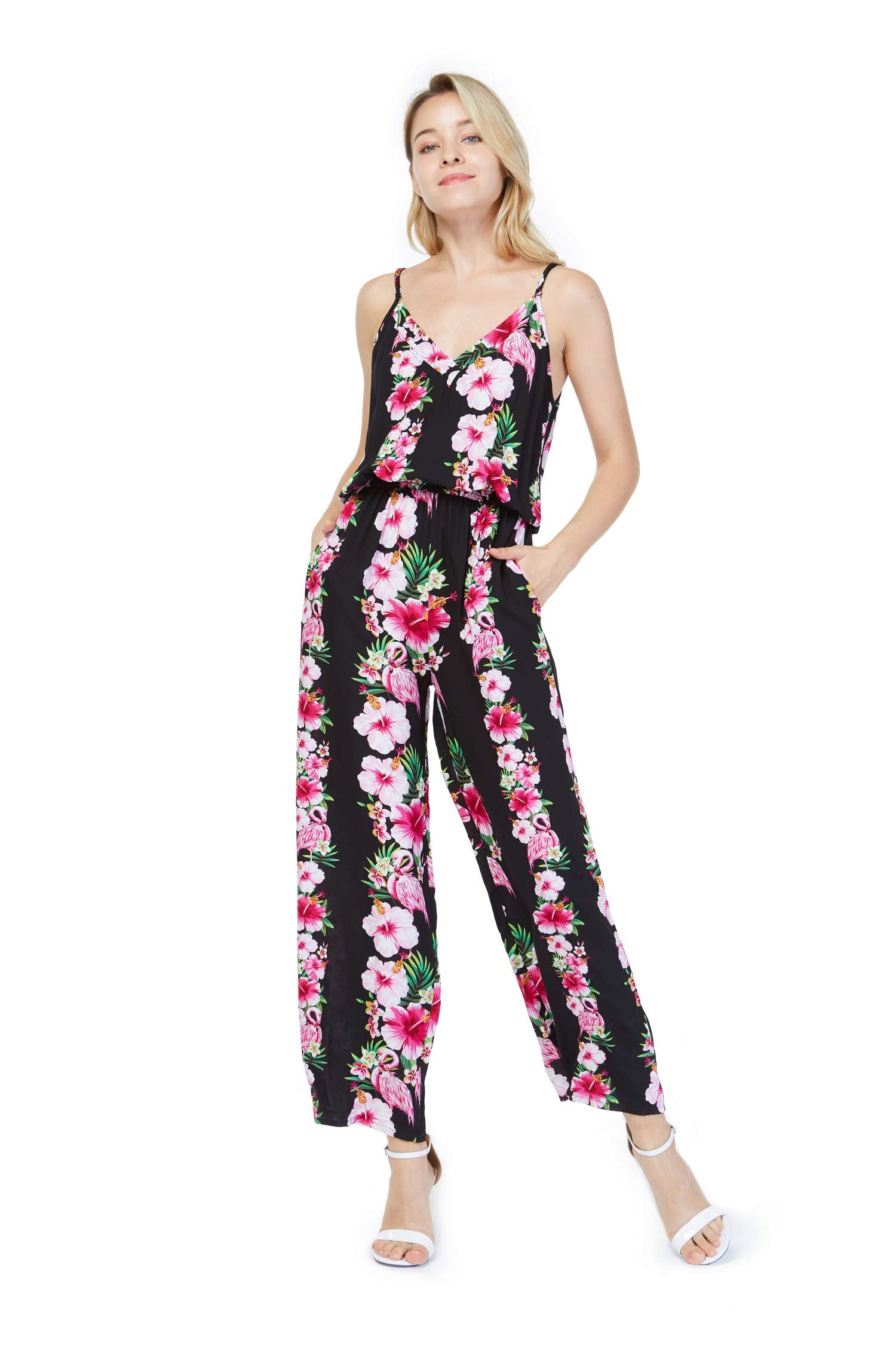 Women's Pink Hibiscus Vine Hawaiian Strap V-Neck Jumpsuit with Pockets - Beach Vacation, Summer Outfit, Tropical Party Wear