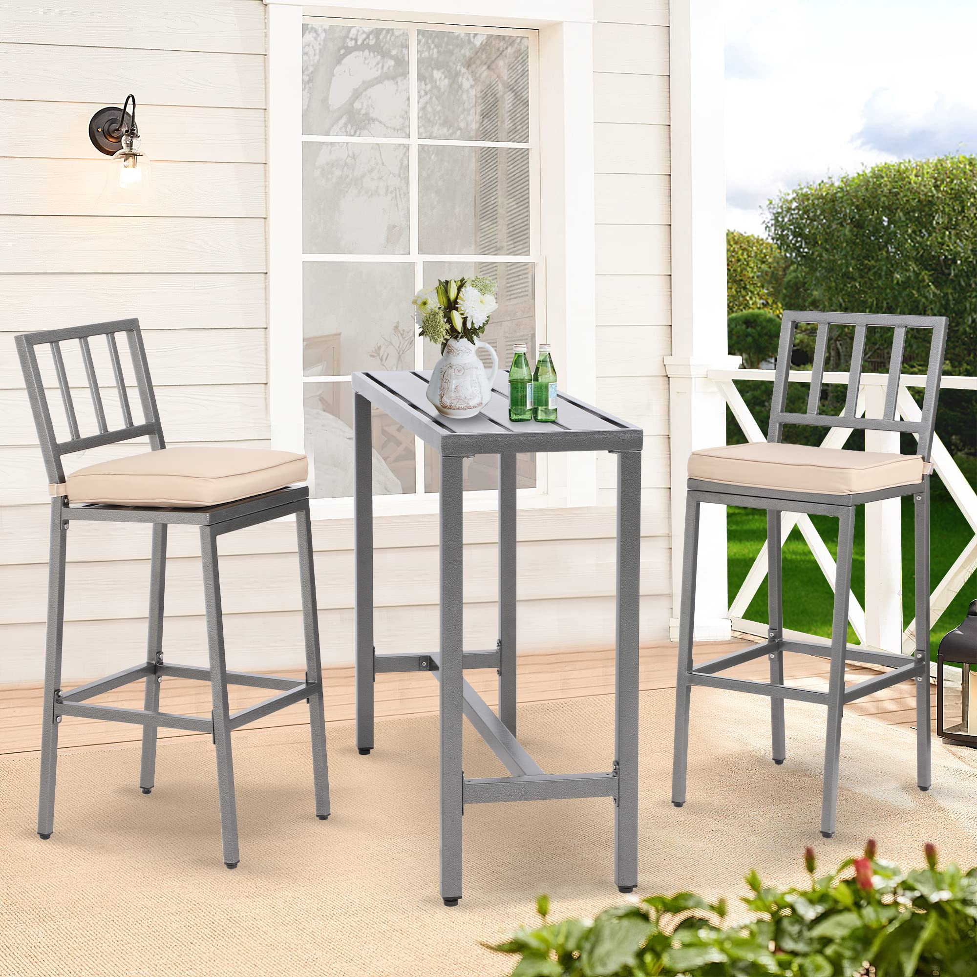 Premium 3-Piece Metal Outdoor Bar Set with Table & Cushioned Stools - 47