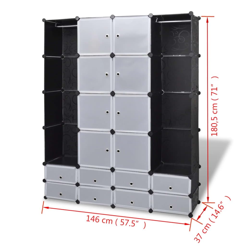vidaXL Black & White Modular Storage Cabinet - 18 Compartment Organizer for Clothes & Shoes | Plastic & Chromed Steel Wire Construction | Perfect for Closet, Bedroom & Entryway Organization