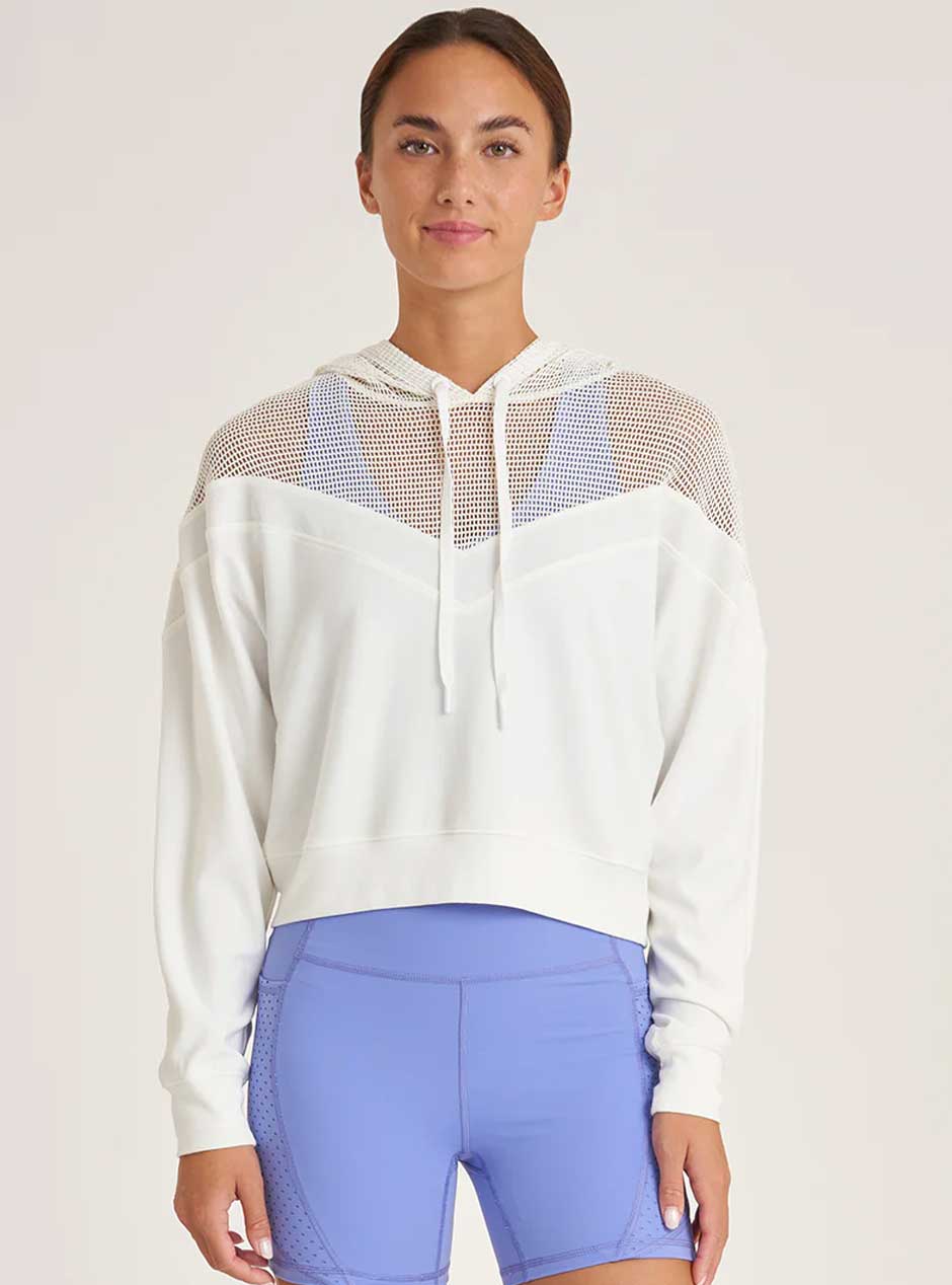 Thrive Société Women's Comfortable Mesh Inset Hoodie - Soft Breathable Pullover Sweatshirt for Casual Wear, Lounge & Workout (White)