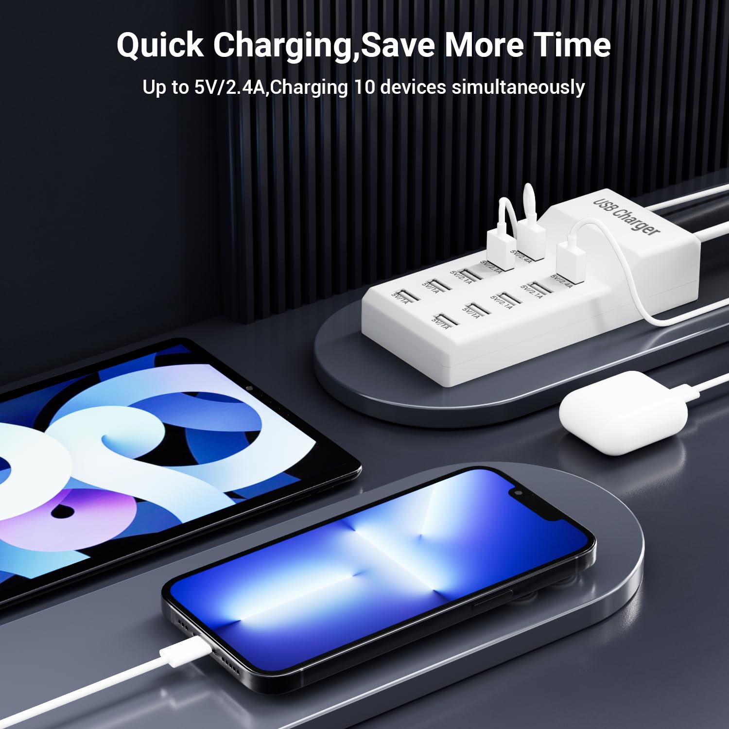10-Port USB Charging Station - Fast Multi-Port USB Hub Charger for iPhone 15/14/13, Samsung Galaxy S23/S22, iPad Pro/Air/Mini - White Desktop Charging Dock (Model YC-A10) - Perfect for Home, Office & Travel Use