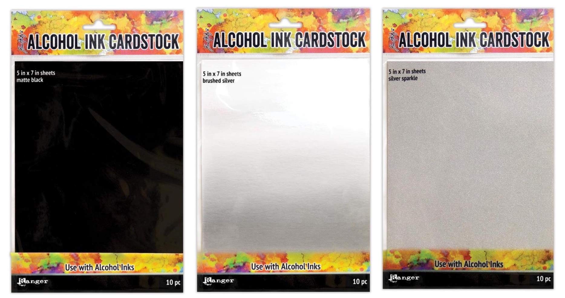 Tim Holtz Alcohol Ink Cardstock Surfaces - 3 Color Bundle (Matte Black, Brushed Silver, Silver Sparkle) - 10 Sheets (5