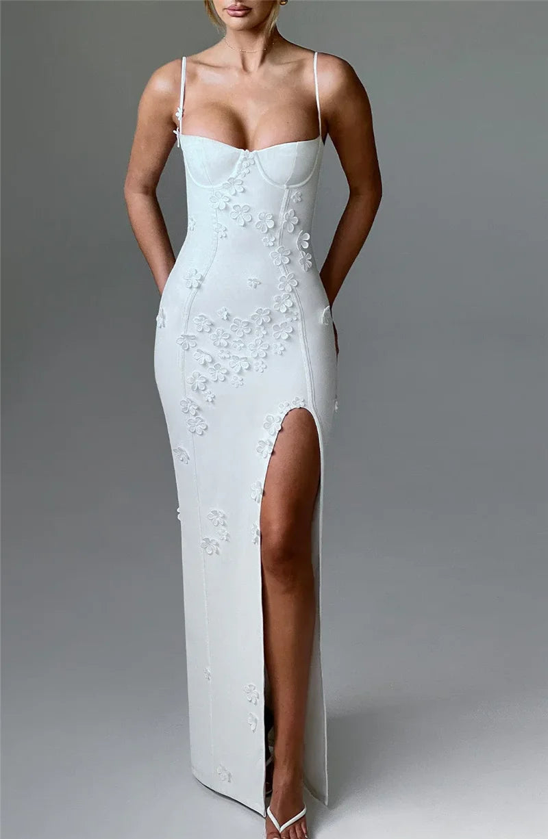3D Floral Spaghetti Strap Sexy Maxi Dress for Women - Off Shoulder Backless Thigh High Split Evening Gown | Perfect for Club Parties, Date Nights & Summer Vacations