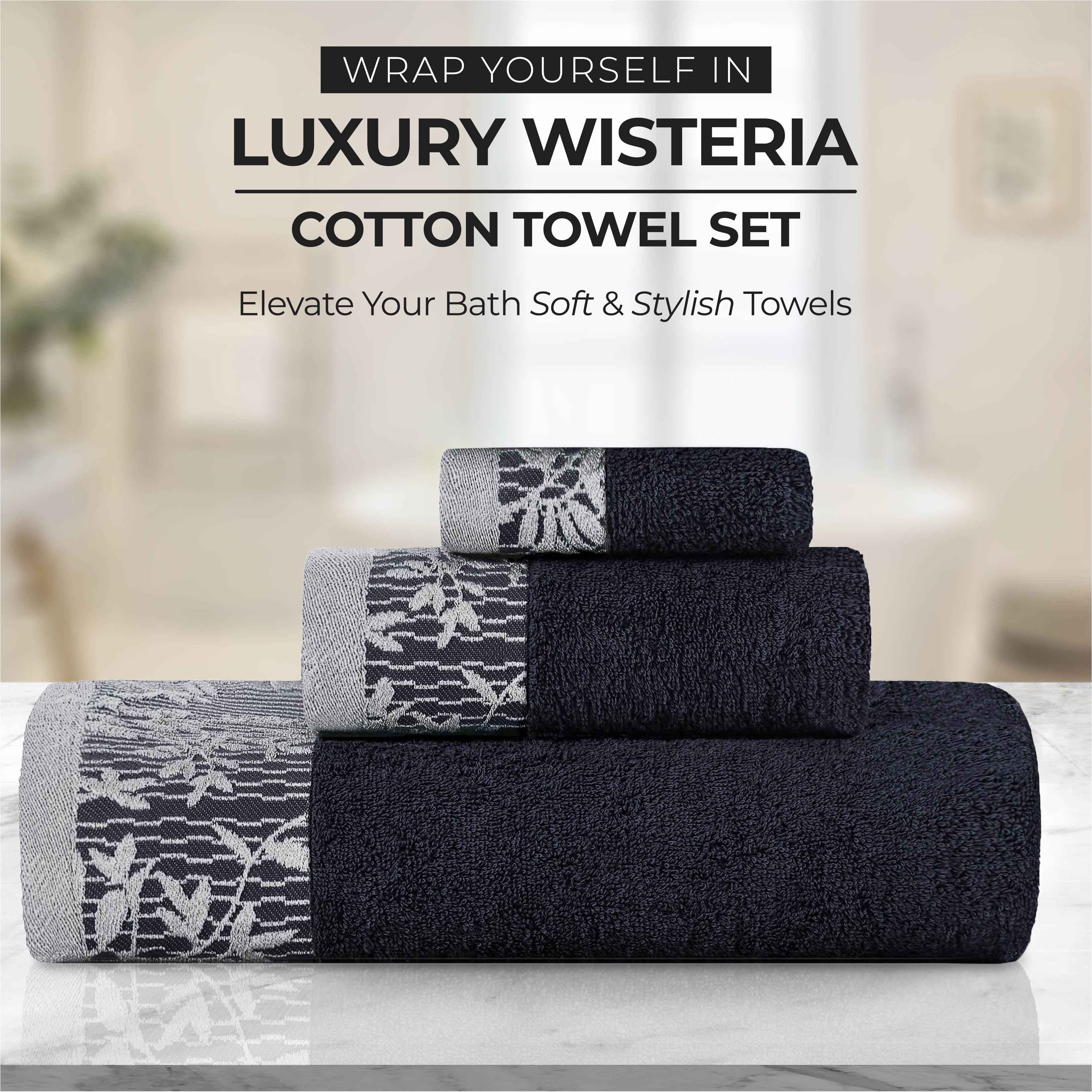 Premium Wisteria Cotton Floral Embroidered Jacquard Border Bath Towel Set of 2 - Soft Absorbent Luxury Towels for Spa, Bathroom & Guest Use