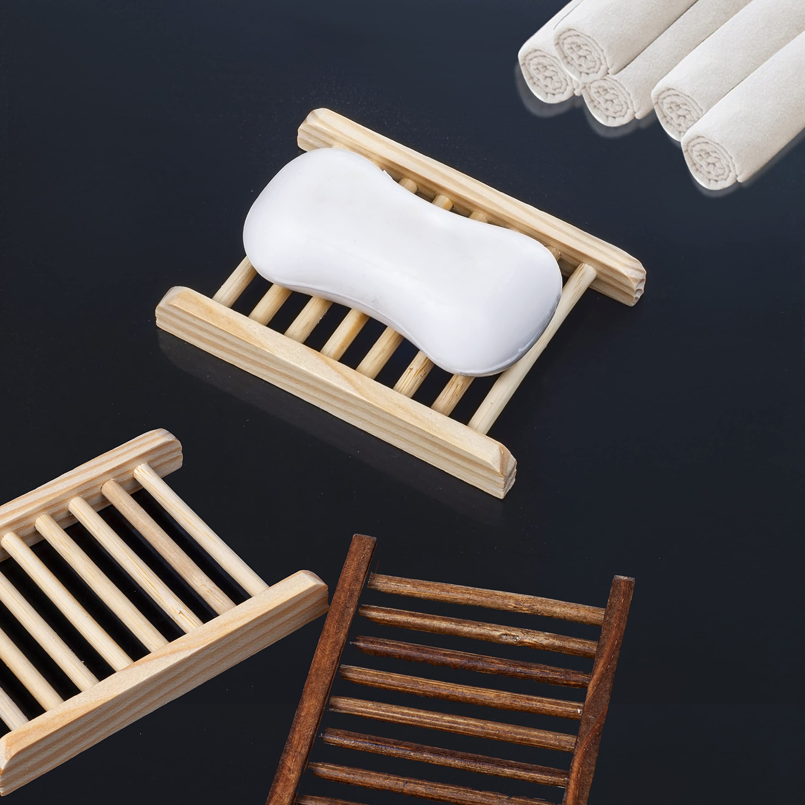 10-Piece Bamboo Wood Soap Holder Set - Handcrafted Wooden Soap Case for Bathroom, Bathtub & Shower - Natural Charcoal Finish - Perfect for Spa, Guest Bath & Luxury Home Decor
