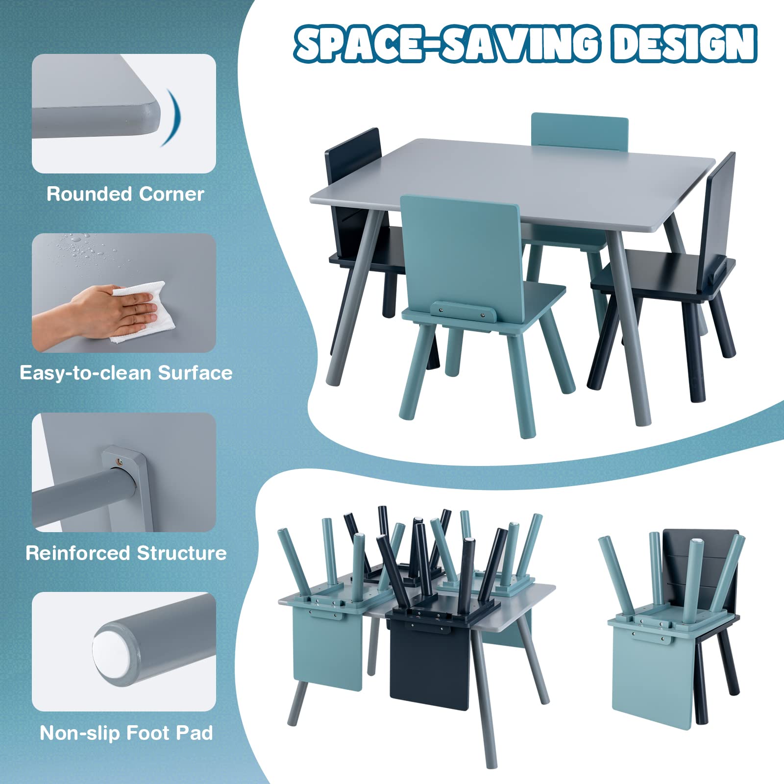 HONEY JOY Kids Table and Chair Set - 5 Piece Pine Wood Toddler Furniture with Building Blocks, Blue Children's Table & 4 Chairs for Daycare, Classroom, Playroom - Perfect Gift for Boys & Girls | Ideal for Learning, Playtime & Creative Activities