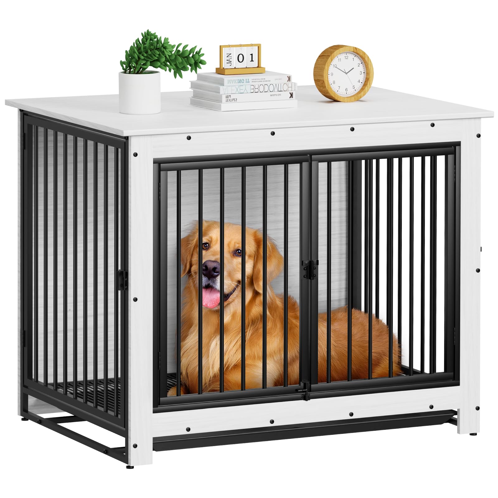 Modern White Wooden Dog Crate Furniture - Large Indoor Kennel with Removable Tray & Double Doors | Multi-Functional End Table for Living Room, Bedroom & Office | Stylish Pet Cage for Medium to Large Dogs