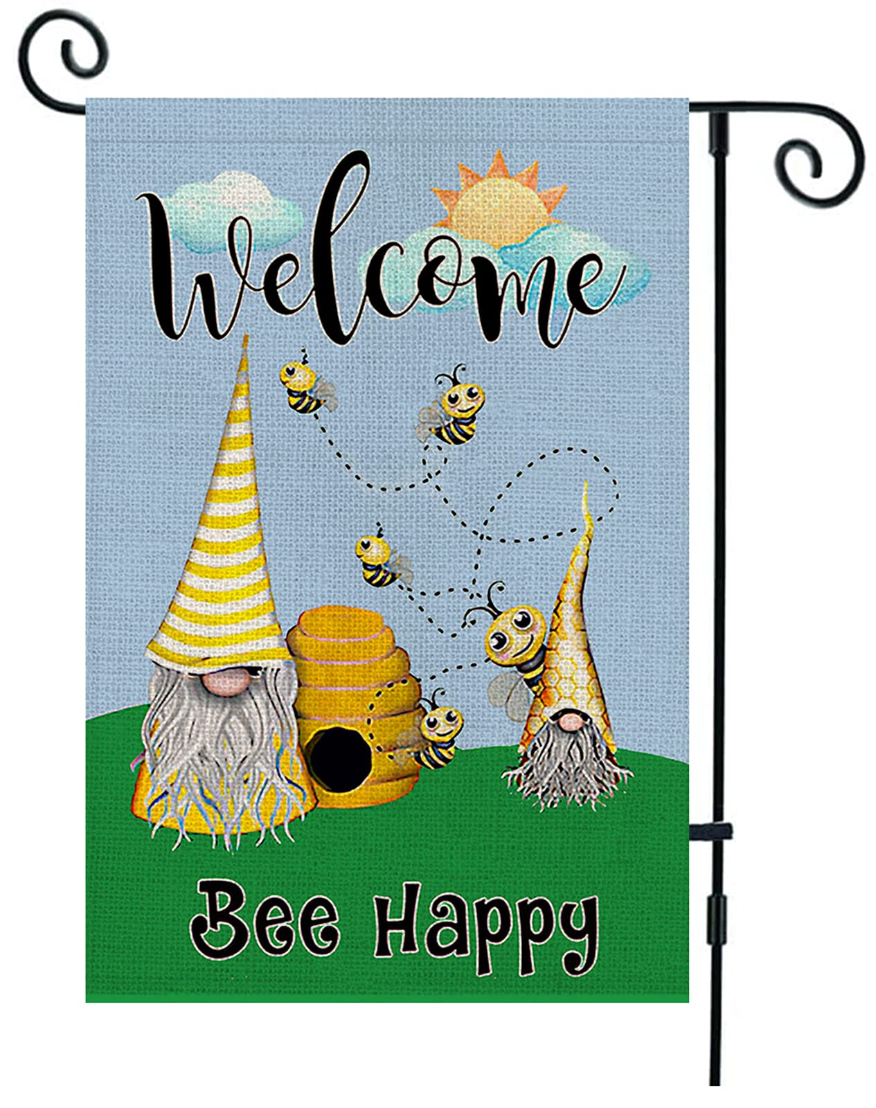 Welcome Honey Bee Gnome Garden Flag - Spring Summer Burlap Outdoor Decor for Yard, Lawn & Farmhouse - Yellow Dots Seasonal Home Decoration | Perfect for Porch, Garden & Patio Decorating