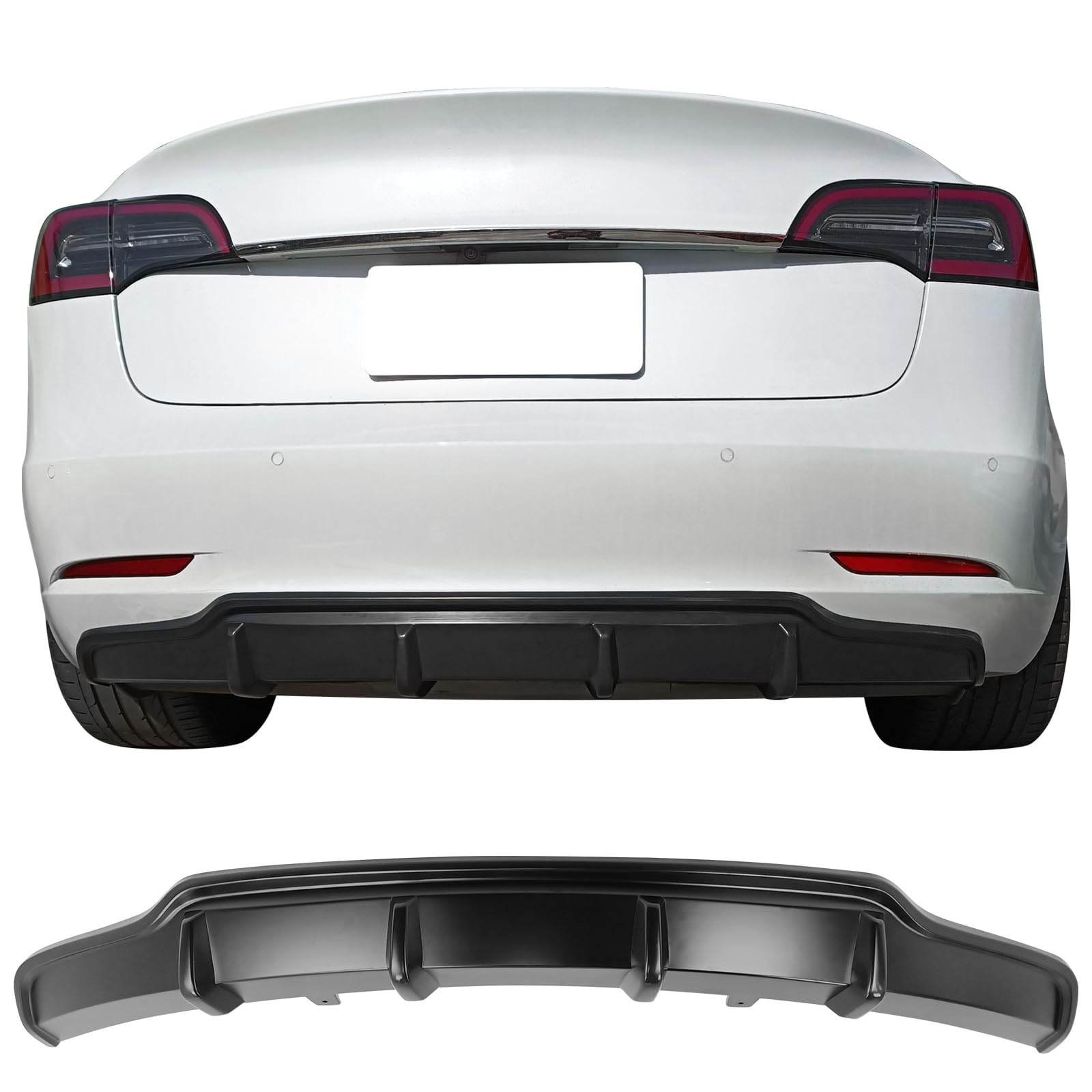 IKON MOTORSPORTS Rear Diffuser for Tesla Model 3 (2017-2023) - Unpainted Black ABS Plastic V-Style Rear Bumper Lip Spoiler | Enhances Aerodynamics & Sporty Look | Perfect for Car Enthusiasts & Performance Upgrades